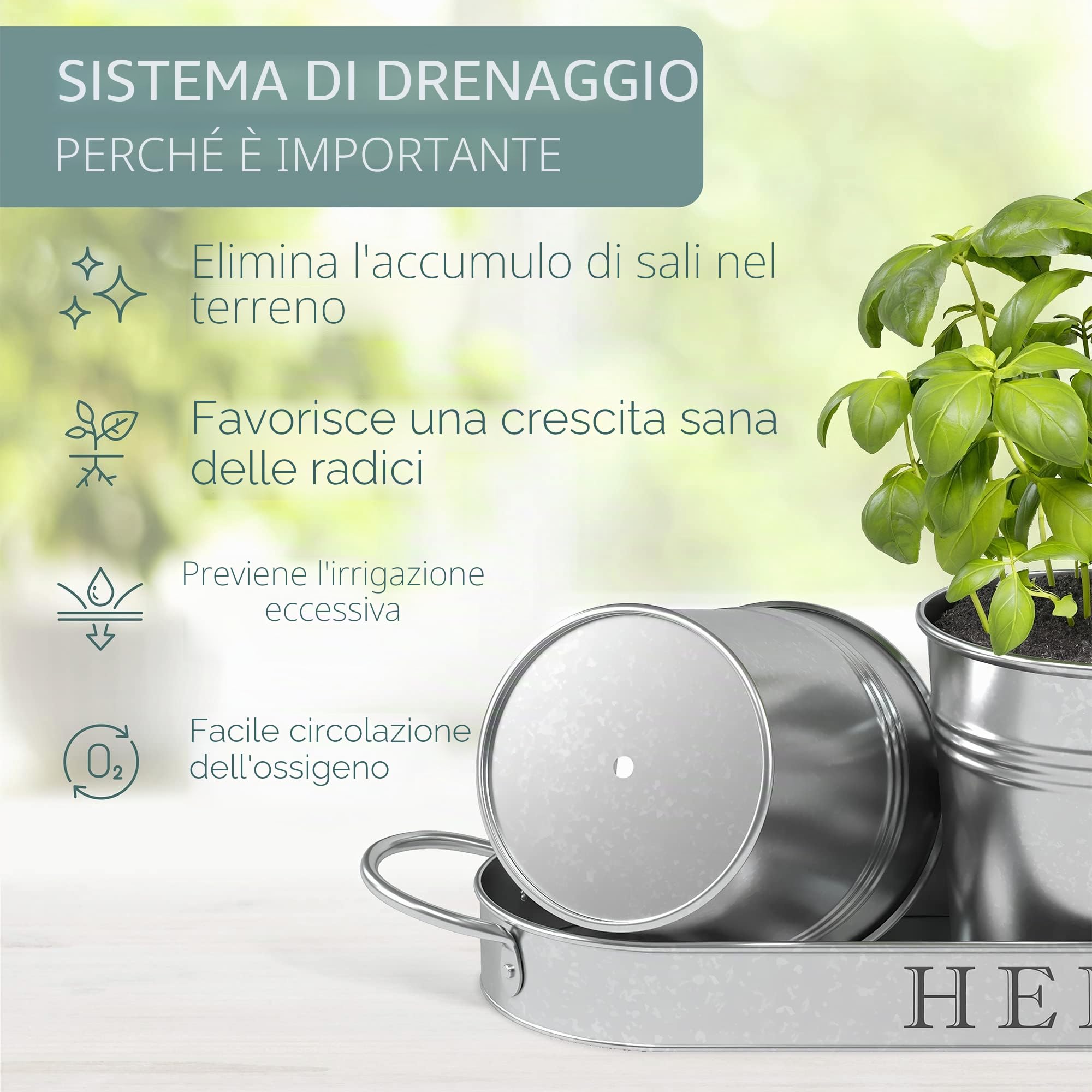 Barnyard Designs Set di fioriere per erbe aromatiche con vassoio, per giardino interno o esterno, vasi decorativi in metallo zincato, per cucina, (set da 3, 11 x 10 cm, su 32 x 10 cm)