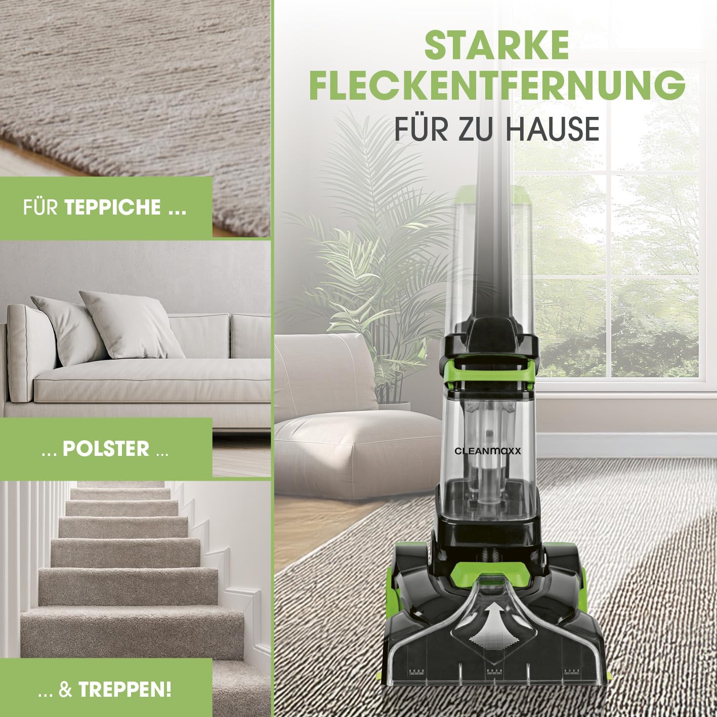 CLEANmaxx limpiador de alfombras y suelos duros para limpiar casi todos los suelos duros y refrescar alfombras y muebles tapizados | aspirador incl. champú para alfombras