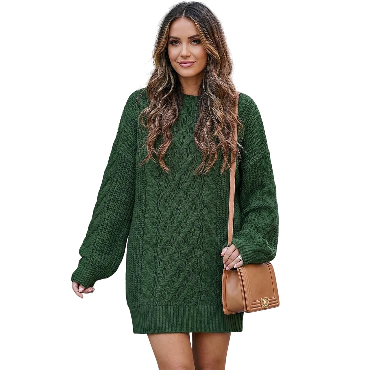 Womens Long Sleeve Twisted Cable Knit Sweater Dress Warm Midi Winter Dress Oversized Chunky Knitwear