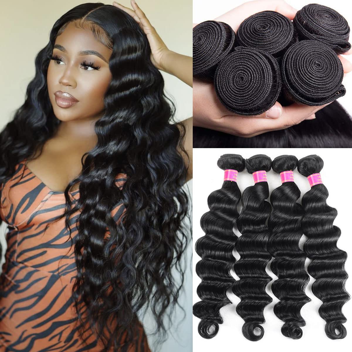 Loose Deep Wave Bundles Human Hair 4 Bundles (18 20 22 24) 12A Brazilian Virgin Human Hair Loose Deep Wave Bundles 150% Density 100% Unprocessed Hair Wavy Natural Color for Women
