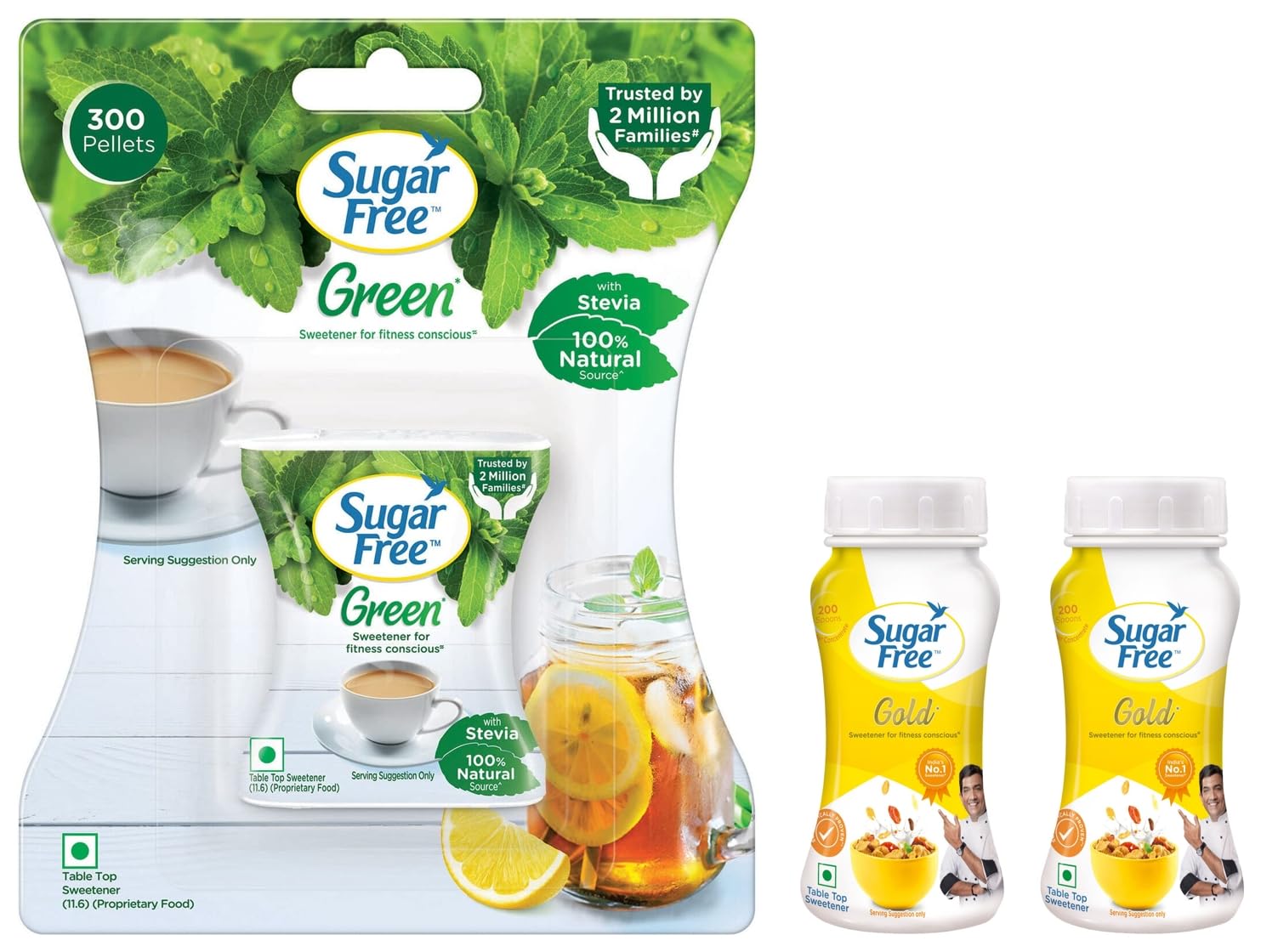 Sugar Free Gold Low Calorie Sweetener - Pack of 2 (100gm x 2), Jar & Sugar Free Green 100% Natural Sweetener and Sugar Substitute - 300 Pellets net weight 30g (B0CDD43JKY) Amazon Price History, Amazon Price Tracker