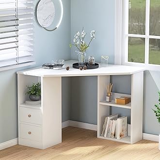 MeraxCorner Computer Desk, L-Shaped Triangle Study Desk with 2 Drawers, Large Storage Space, Environmental Wood for Office or Home, PC Laptop Table, White