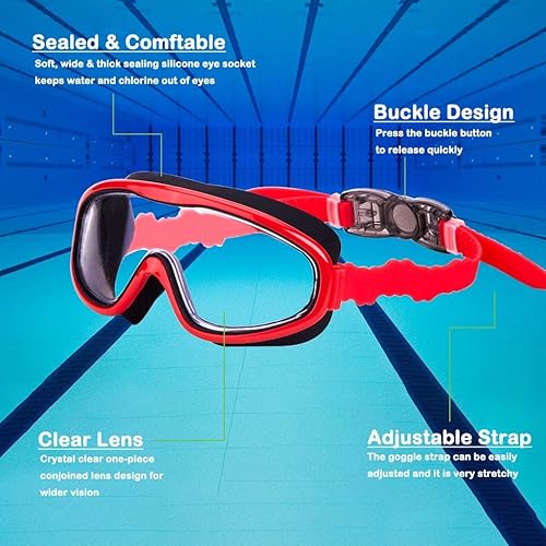 Miniatura 8 de KAILIMENG Gafas de natación para niños, paquete de 2 gafas de natación para edades de 3 a 15 años, antivaho y anti-rayos UV Cear de visión amplia