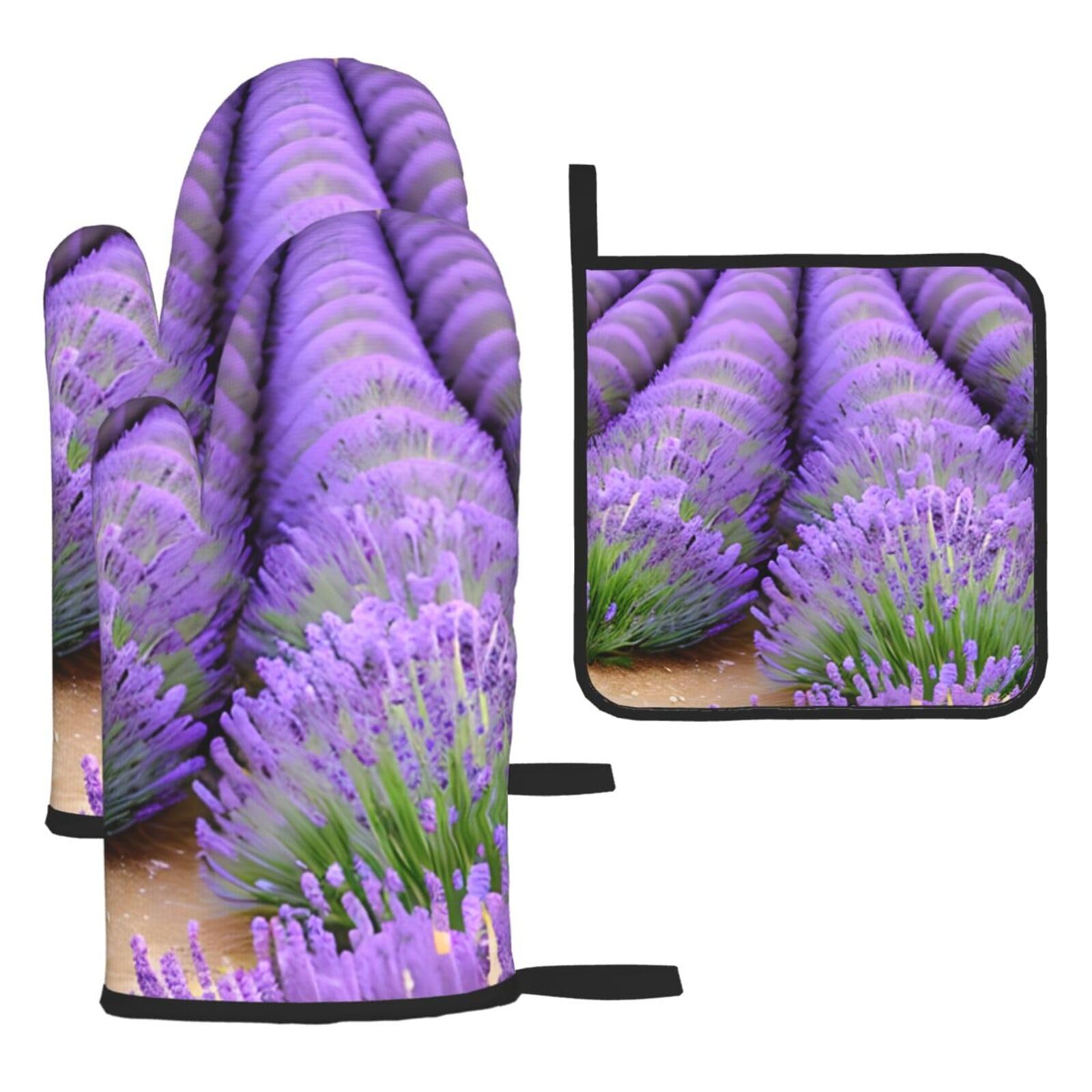 Romantic Lavender Print Oven Mitts Kitchen Gloves Set Everyday Baking Grilling Microwaving Cooking Gift