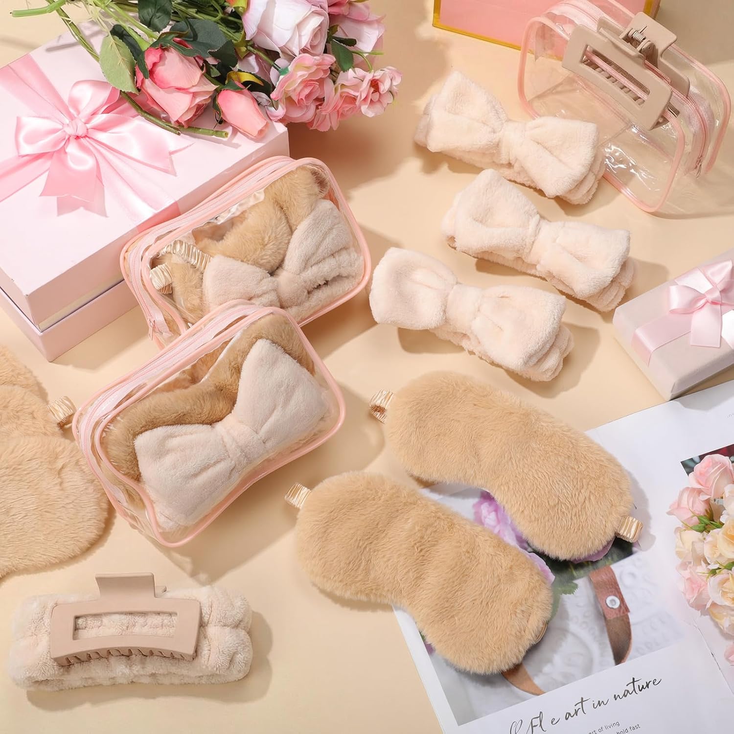 48 Pcs Spa Party Supplies Sleepover Essentials Gift for Mother's Day Spa Headband Plush Eye Mask Claw Clips Organza Bag for Women Adult Slumber Party Supplies (Khaki)