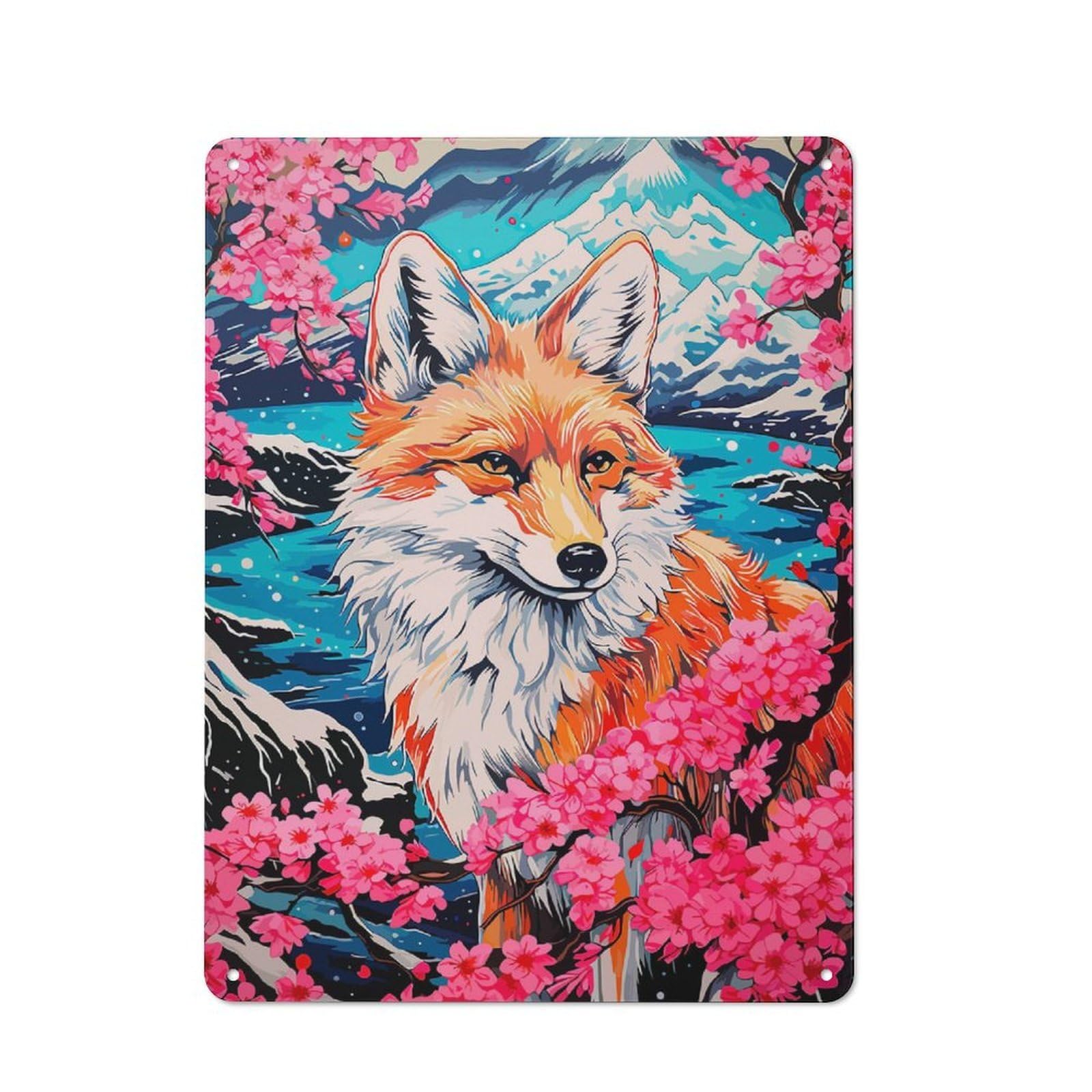 Junmoney Fox Cherry Blossoms Animal 40X30cm Retro-Style Tin Sign With For Café Or Home Bar, For Metal Sign Collectors, For Garage And Workshop Walls