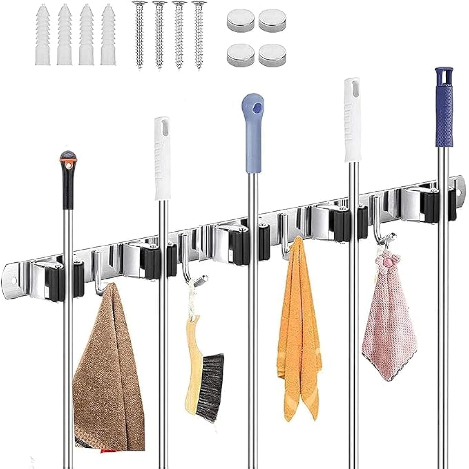 DAOME Broom Mop Holder Wall Mount Stainless Steel Wall Mounted Storage Organizer Heavy Duty Tools Hanger with 5 Racks 4 Hooks for Kitchen Bathroom Closet Garage Office Garden Hanging Shelves (B0CXDYSMC2) Amazon Price History, Amazon Price Tracker
