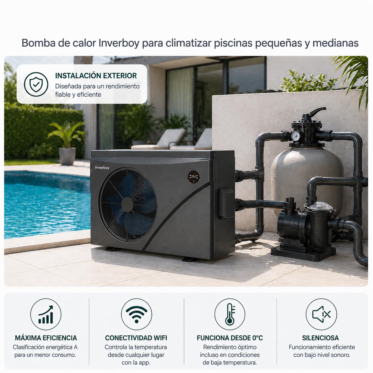 Inverboy Bomba de Calor para Piscina con WiFi, Clase Energética A, Funcionamiento Desde 0 °C, Modelos de 7 kW a 18 kW (7, Kilovoltios)