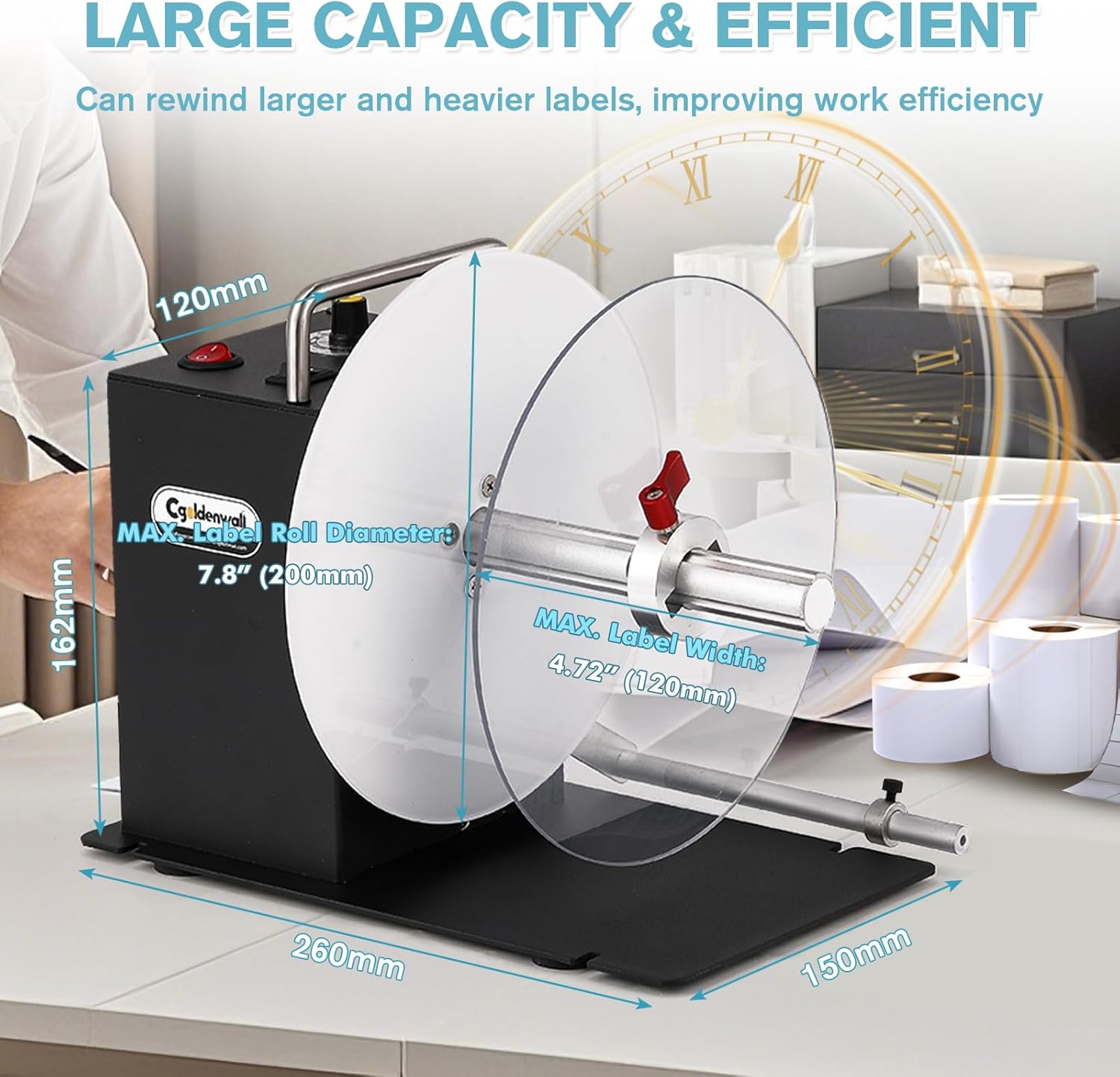 CGOLDENWALL Automatic Label Rewinder Machine, Bidirectional Rewinding, Corefree/1"/1.5"/3" Core, Max Label Diameter 7.8" Width 4.7", Speed Adjustable, Auto-sync with Printers, 100V-240V