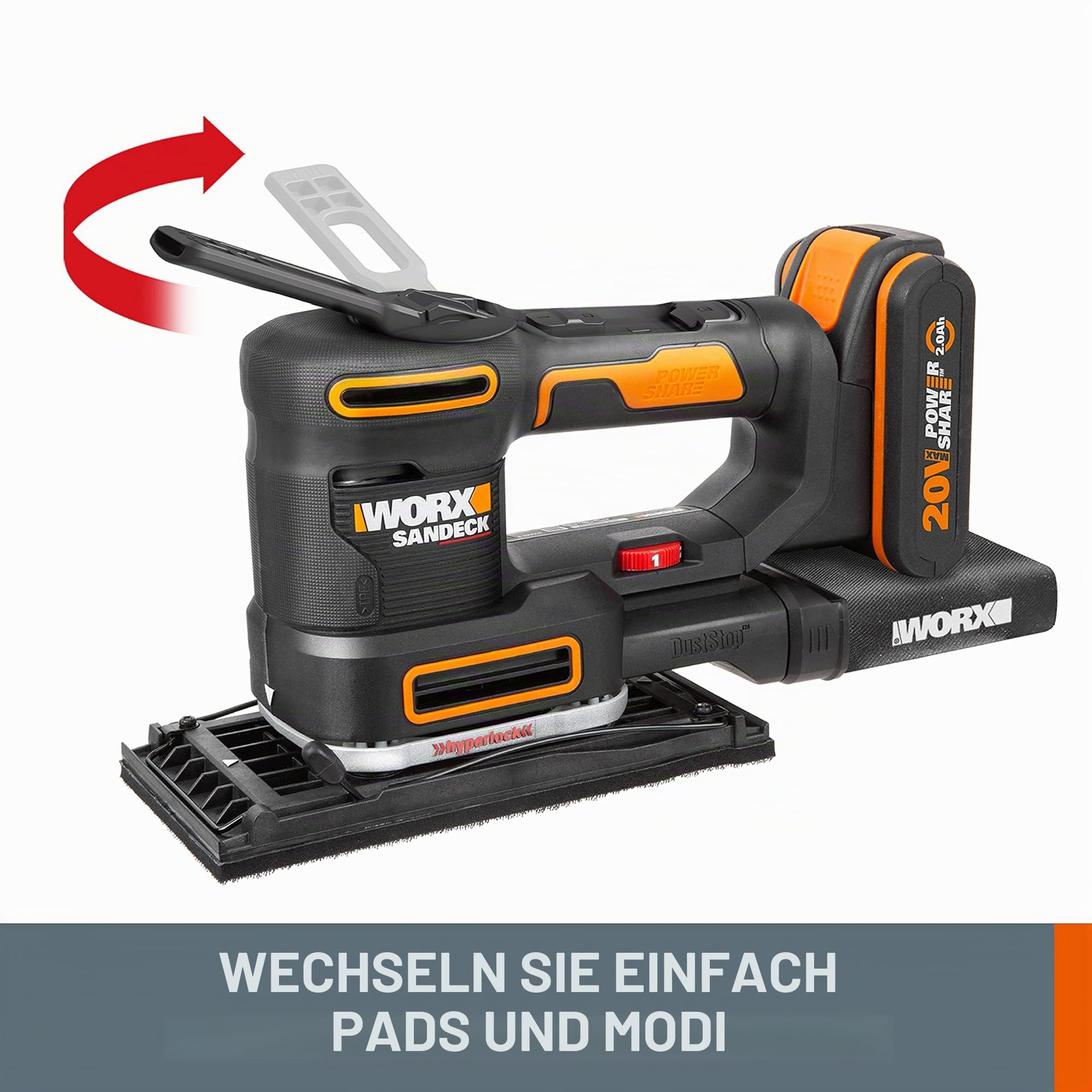 WORX WX820.9 Akku-Multischleifer – 5-in-1 Funktionen: Exzenter-, Fein-, Detail-, Konturen-, und Fingerschleifer – variable Geschwindigkeit – PowerShare kompatibel – Ohne Akku & Ladegerät, Schwarz