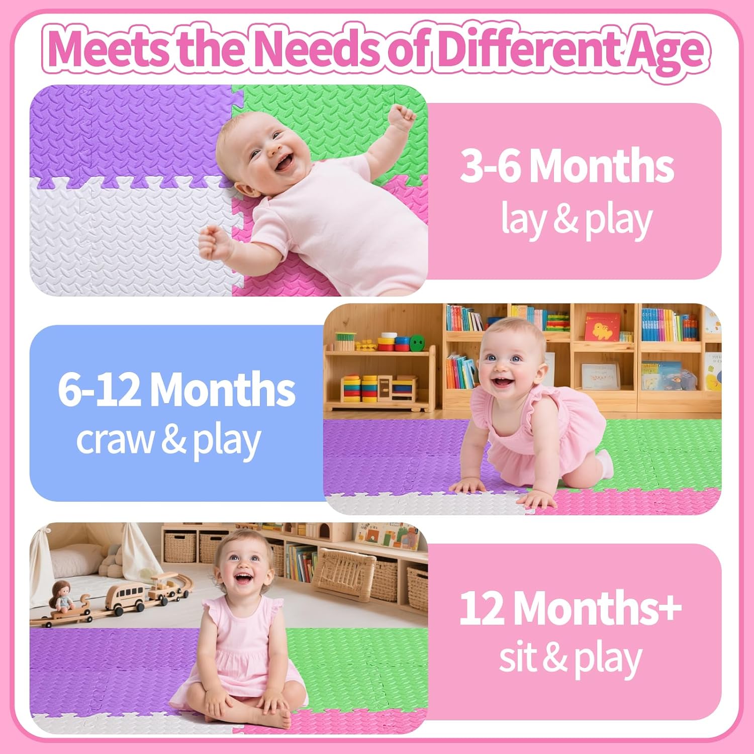 Coolcandy Baby Foam Play Mat 16Pcs with Edge Strips, 4 Colors Interlocking Floor Tiles, 0.4″ Thickened Non-Slip Puzzle Floor Mat for Infants Toddlers Playroom & Daycare