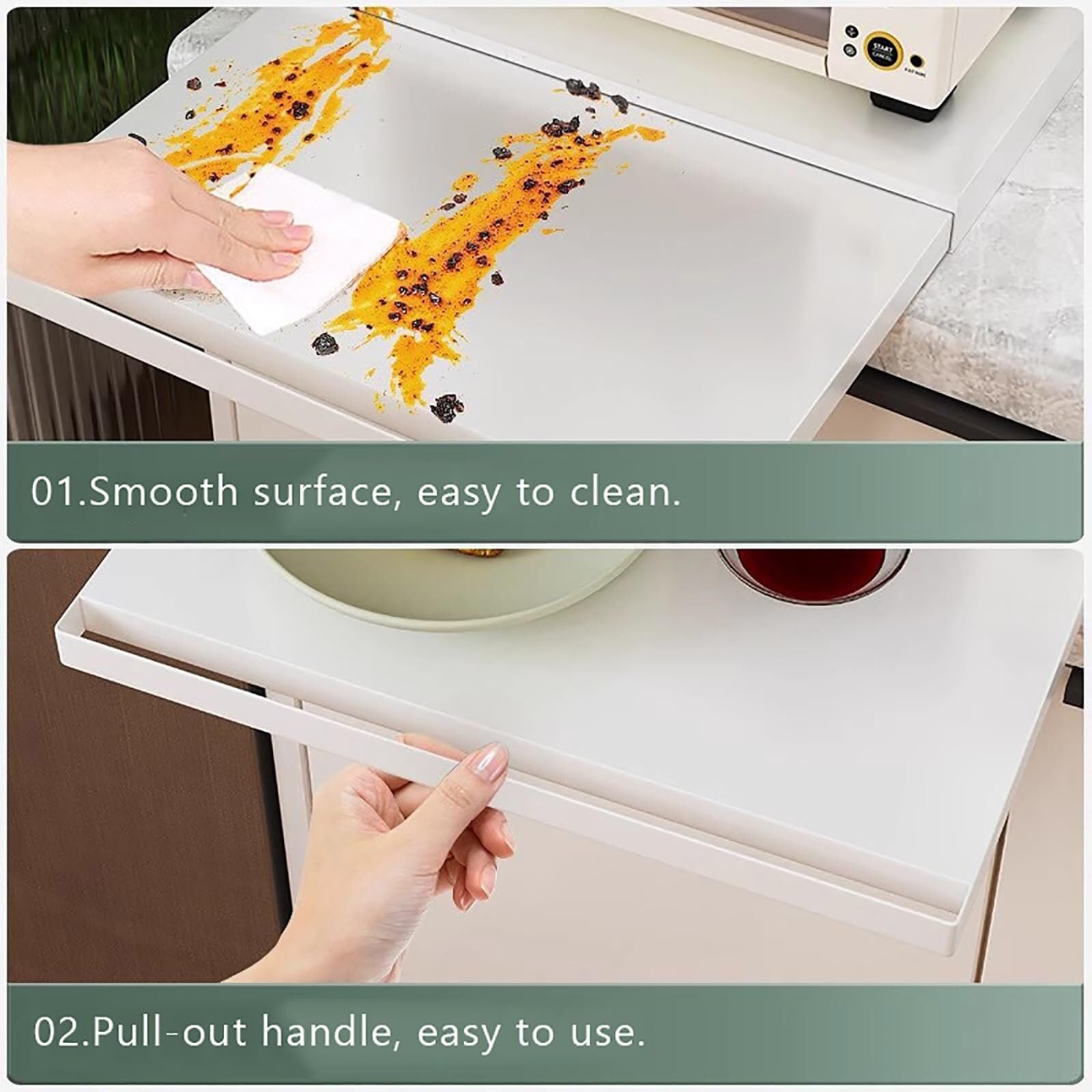 Soporte de acero blanco para microondas con bandeja extraíble y estante para encimera de cocina, perfecto para microondas, horno, cafetera y pequeños electrodomésticos