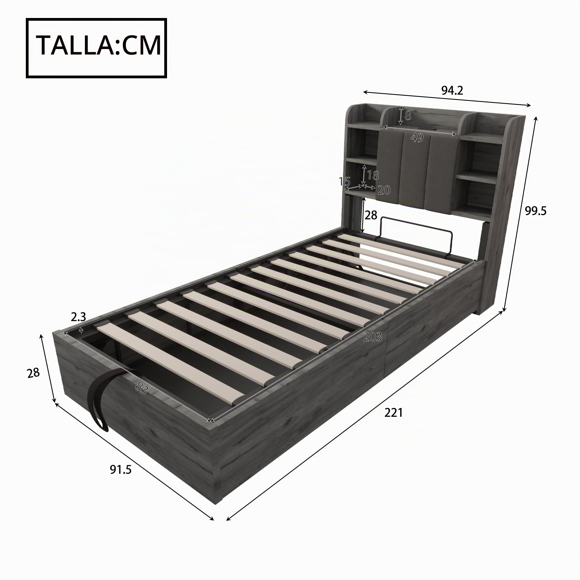 Mrwoo Cama de Madera 90x200cm, Cama Hidráulica con USB, Cabecero con Espacio de Almacenamiento, Gris (Cama Sin Colchón)