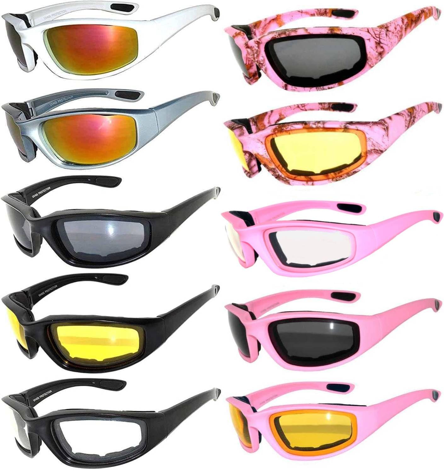 OWL Motorcycle Riding Sport Sunglasses Assorted Color Multipacks, Unisex Foam Padded Wind Blocking Glasses UV400 Protection