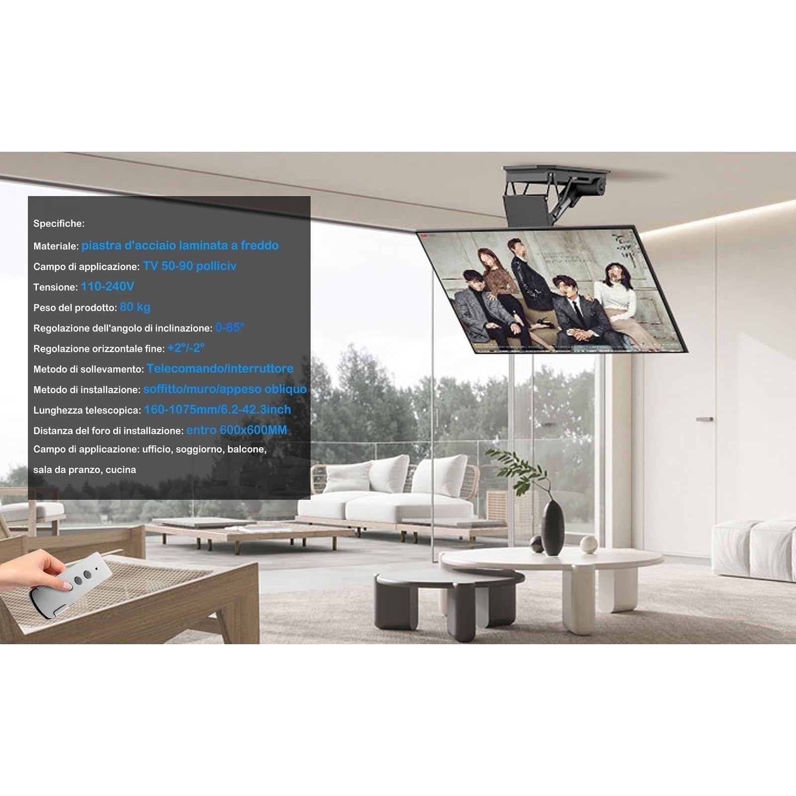 Soporte De TV De Techo Motorizado - Elevador Eléctrico Telescópico para TV, Soporte Abatible De 0 A 85° para TV/Monitor, con Control Remoto E Interruptor(Min250-Max800mm 50-90intv)