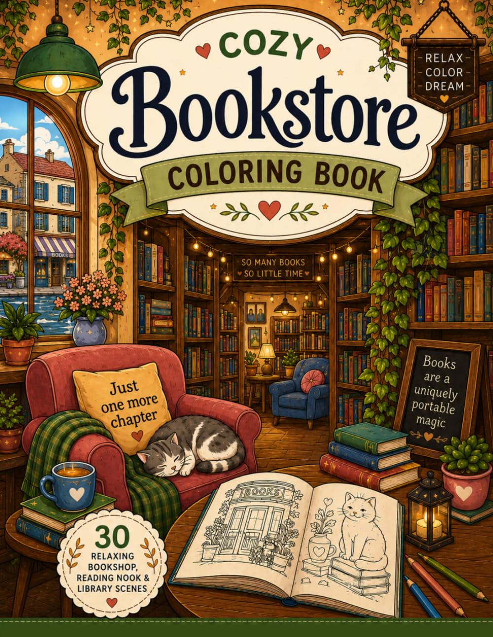 Cozy Bookstores Coloring Book: A Cozy Coloring Book Featuring Bookshops, Libraries and Reading Nooks