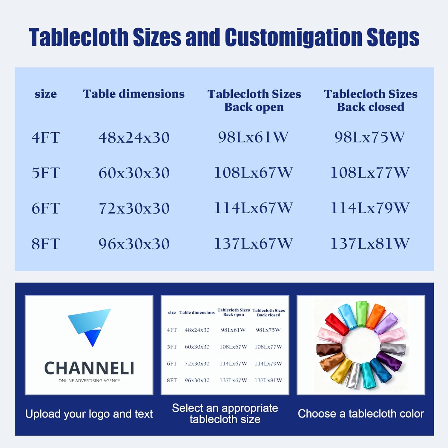 Custom Table Cloth with Business Logo Text Photo, Personalized Stretch Table Cloths for 4/5/6/8/10 FT Tables for Tradeshow Events, Birthday Parties, Anniversary (4FT Open Back)