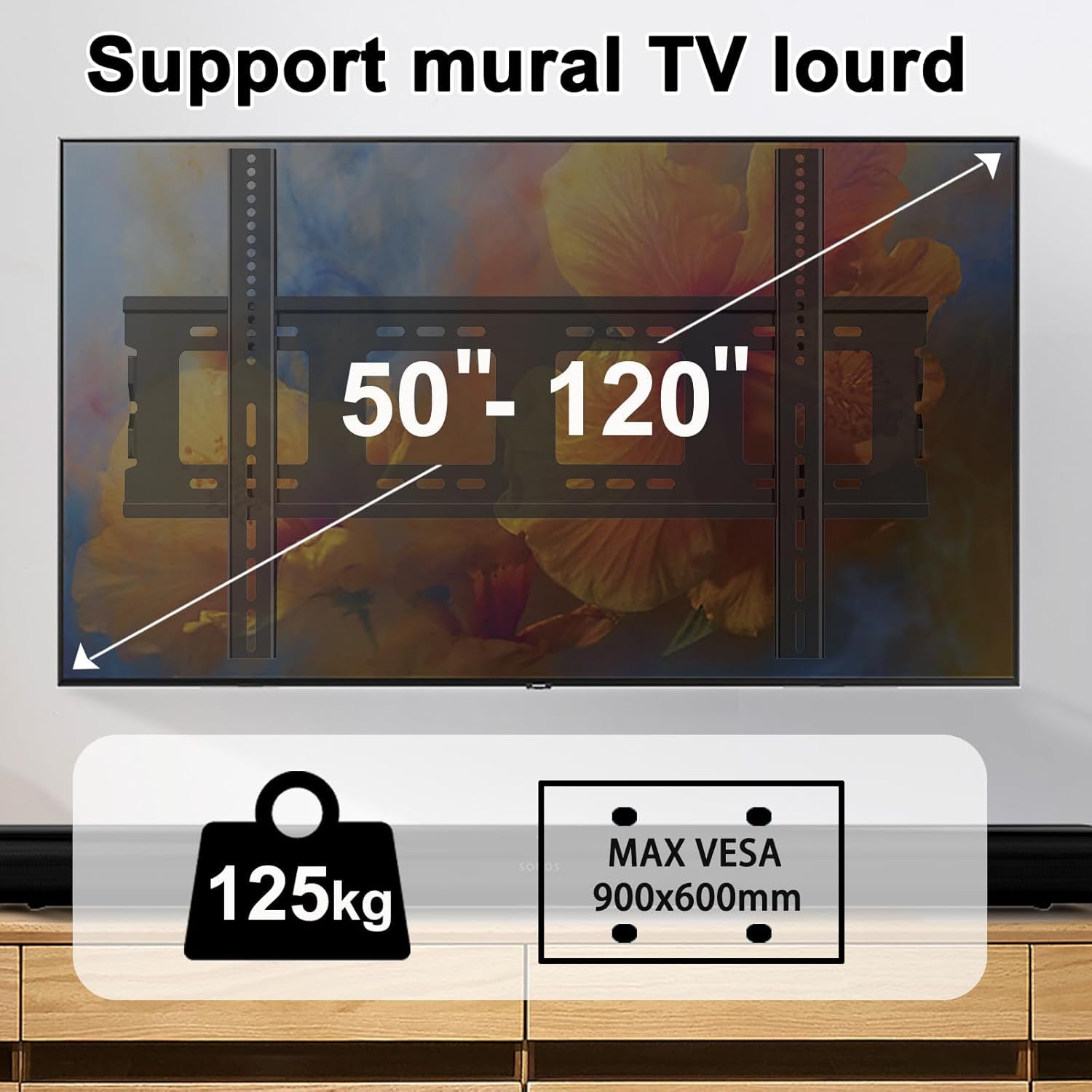 Support Mural TV Grande Taille pour téléviseurs 50" - 120",Support TV Charge Lourde VESA Max 900x600 mm, Charge de 125 kg,Fixation Murale TV 60 65 70 75 77 80 85 86 90 95 98 100 110 Pouces