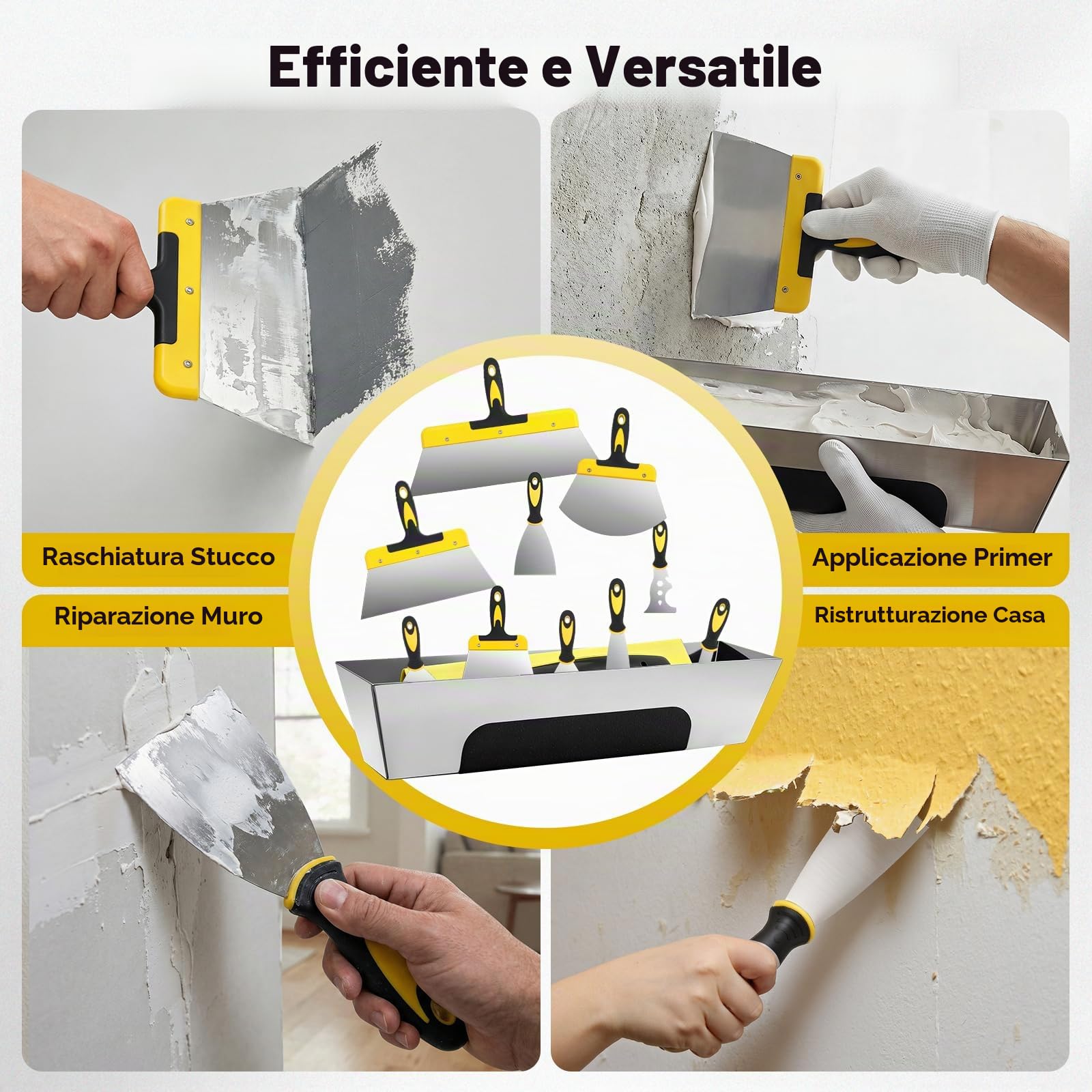 Set di spatole da 12 pezzi, in acciaio inox, 350-25 mm, con manico in plastica per cartongesso, intonacatura, rimozione della carta da parati con spatola in acciaio inox