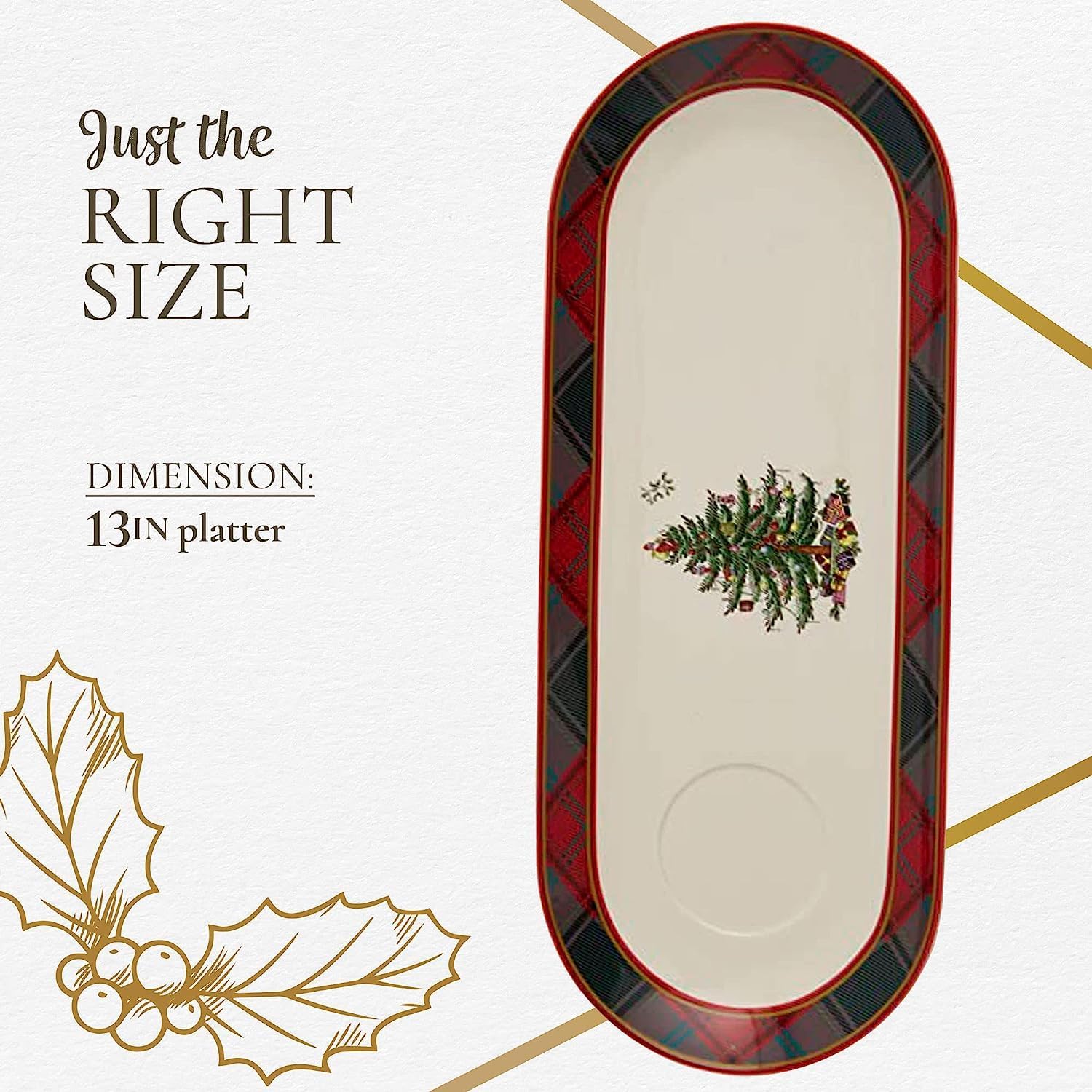 Spode Christmas Tree 2-Piece Tartan Chip and Dip Set - 13-Inch Holiday Serving Platter with Dip Bowl - Tartan Plaid Border - Fine Earthenware, Durable & Versatile, Dishwasher, Microwave, Freezer Safe