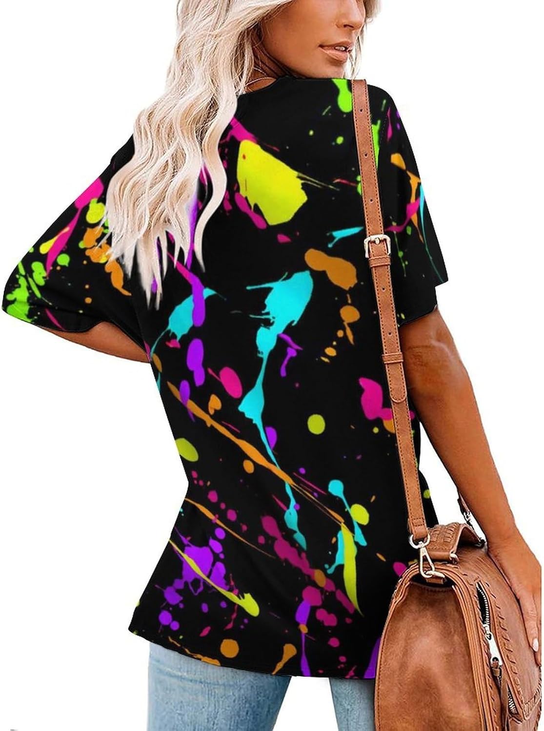 Glow in Dark Splatter Neon Short Sleeve Shirts for Women Fashion V Neck T-Shirt Women's Summer Tops - Image 2