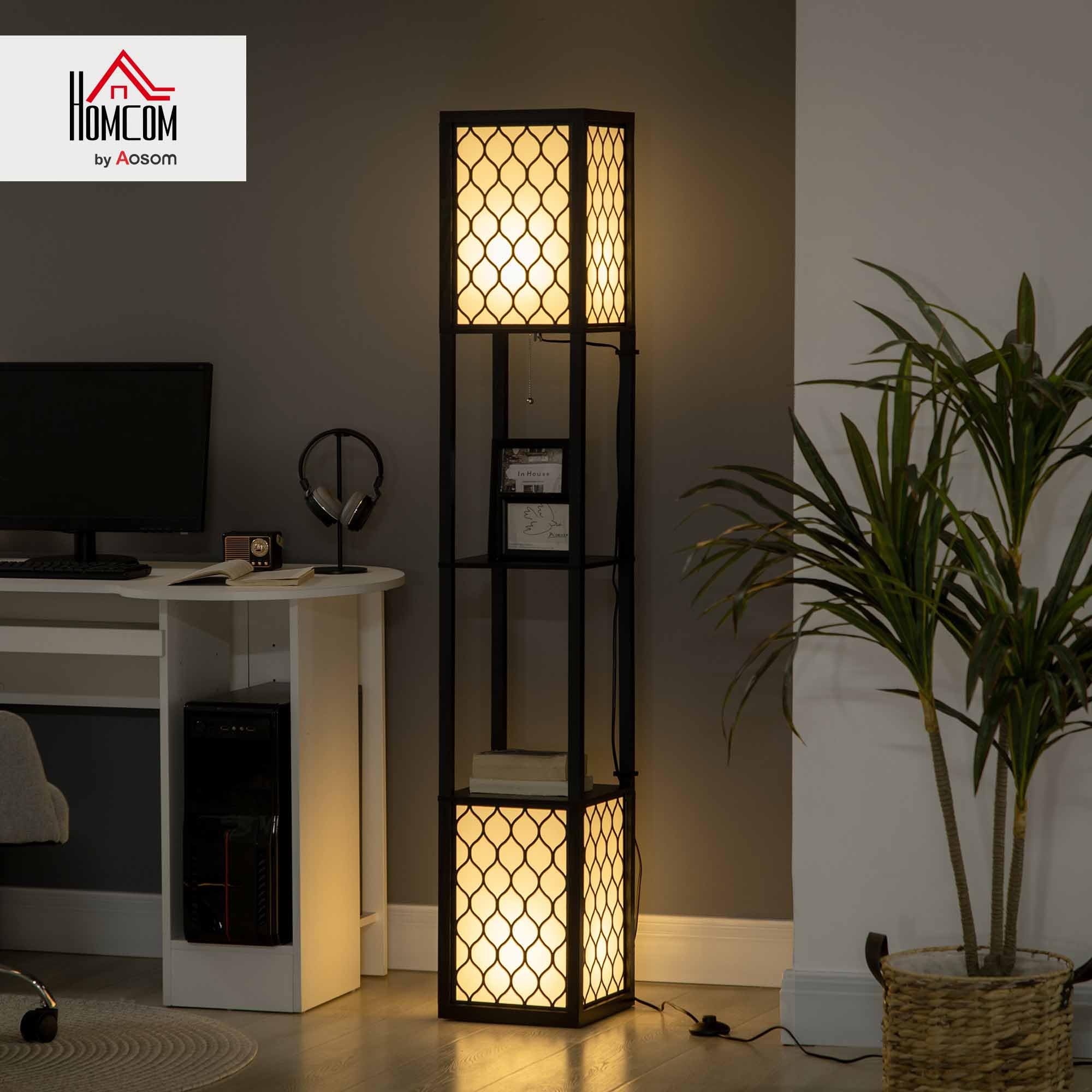 HOMCOM Lámpara de Pie Moderna con Estantes, Lámpara de Pie para Salón Casquillo E27, 40 W, con Pantallas de Tela de Malla e Interruptor de Cadena, para Dormitorio, Oficina y Sala de Estar, Negro