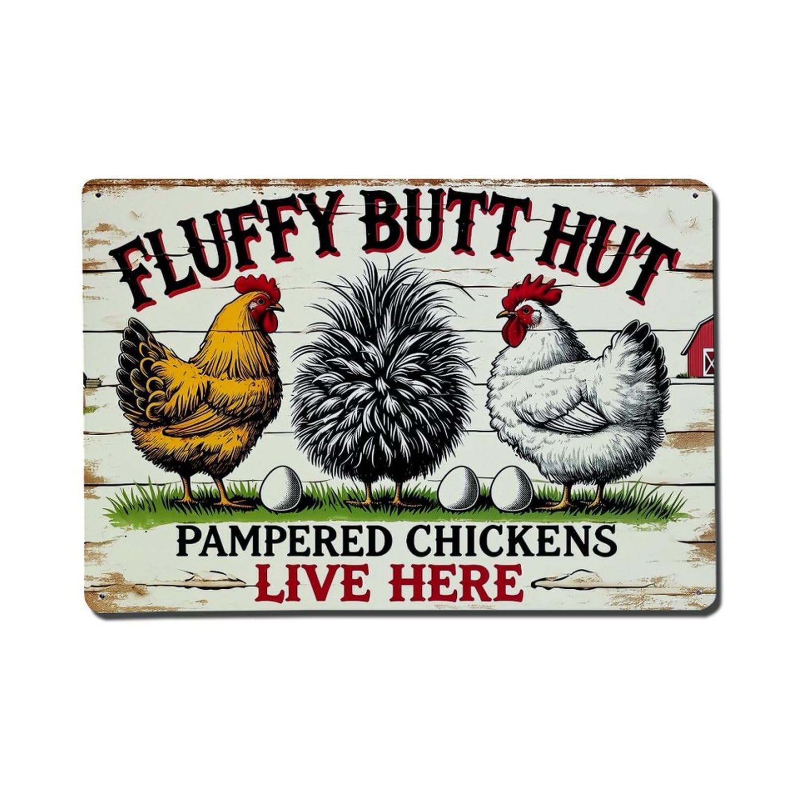 Jdfenggu Vintage Fluffy Butt Hut Chickens Retro Metal Tin Sign, Metal Poster For Bar, Home, Man Cave, Kitchen, Laundry Room Art Decor 8X12 Inch