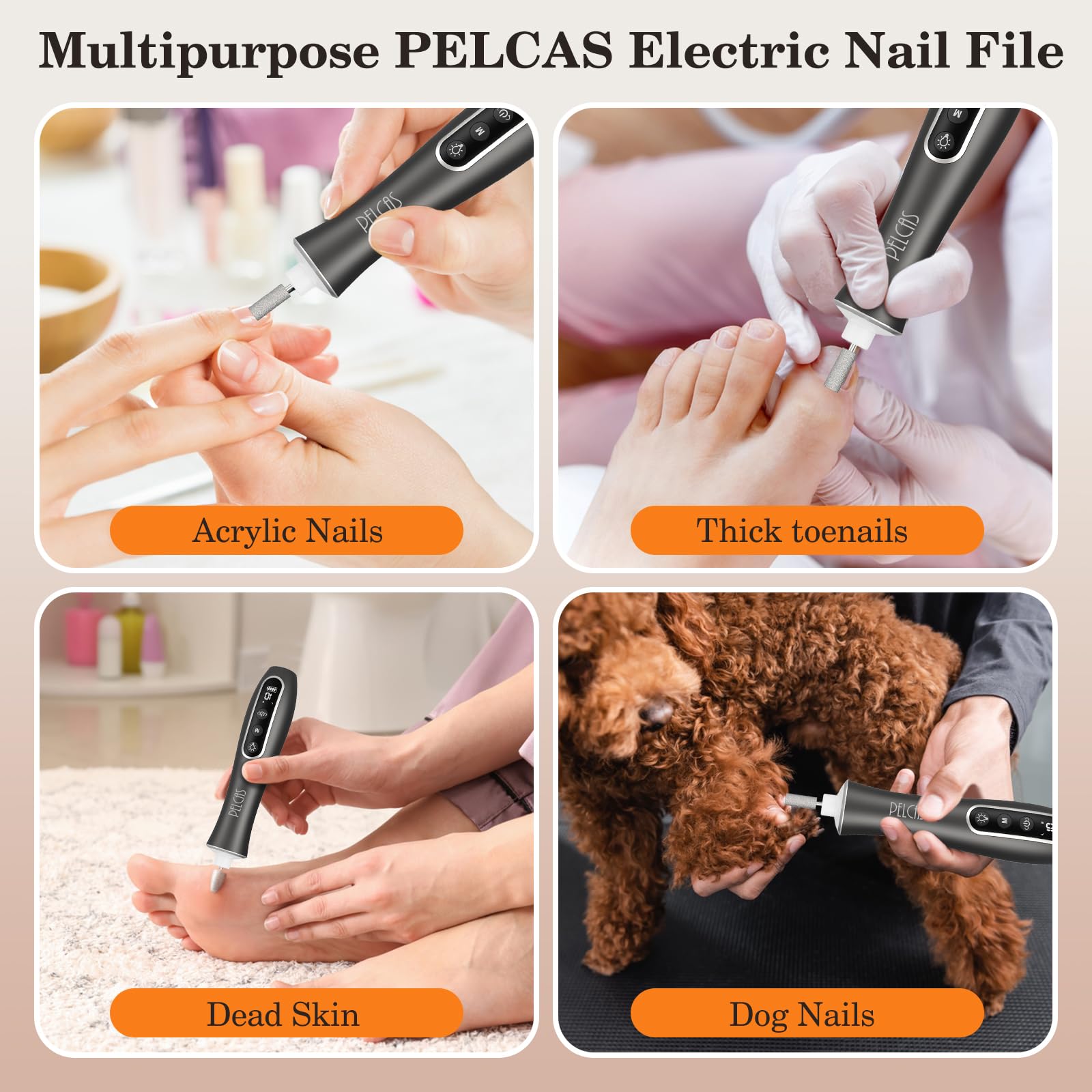 PELCAS Kabelloser Nagelfräser für Gelnägel & Dicke Fußnägel, 10-in-1 Maniküre Pediküre Set, Profi Elektrische Nagelfeile mit 360° LED-Licht, 10 Stufen LCD Display, 5 Std Akku, Grau
