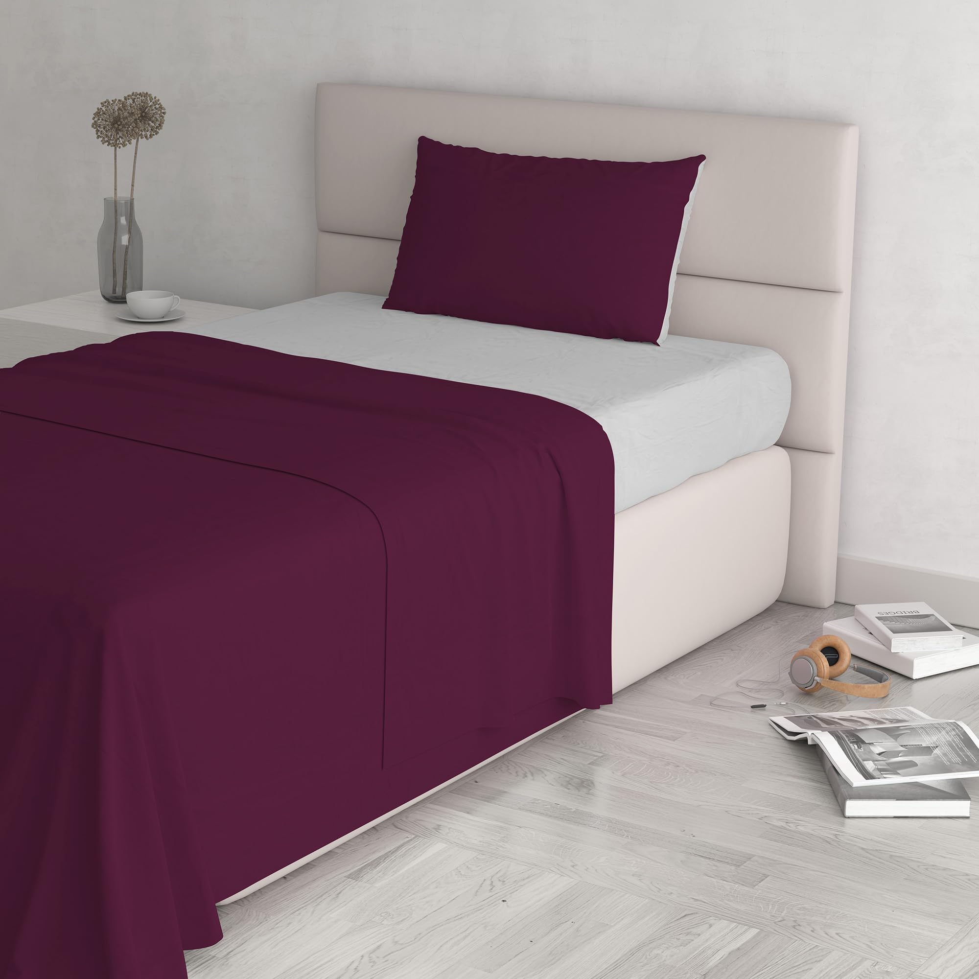 Italian Bed Linen Natural Colour Bed Sheet Set, Plum/Light Gray, Single