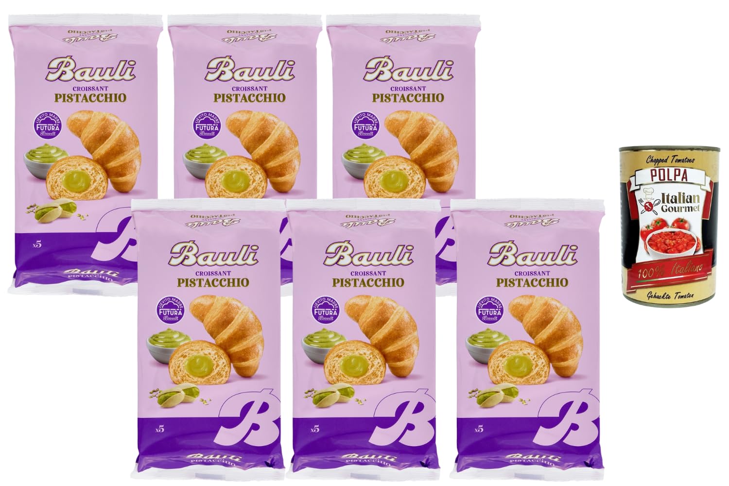 Italian Gourmet - Bauli Croissants fourrés à la crème de pistache 6 x 250 g – viennoiserie moelleuse emballée individuellement, idéal petit-déjeuner & goûter, goût pistache + Italian Gourmet Polpa