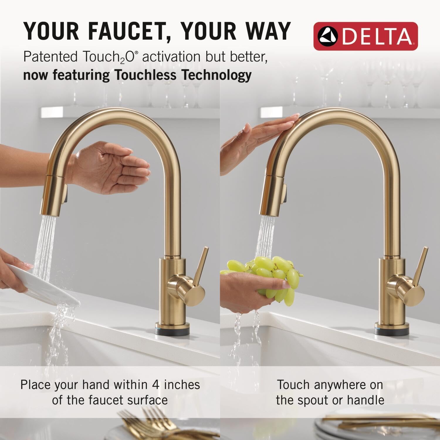 Delta Faucet Trinsic Touch Kitchen Faucet with Touchless Technology, Gold Kitchen Sink Faucet with Soap Dispenser, Kitchen Faucet with Pull Down Sprayer, Touchless Kitchen Faucet, Champagne Bronze