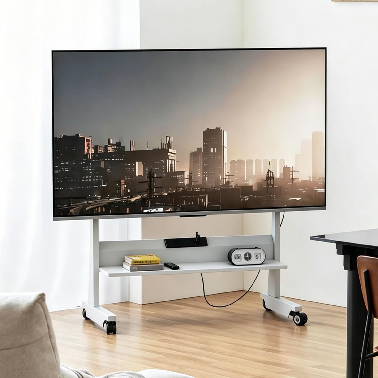Mobilny stojak podłogowy na telewizor z kółkami, półki na telewizory o przekątnej od 55 do 215.9 cm, wózek na kółkach na kółkach, z regulacją wysokości, wytrzymały, przenośny stojak na telewizor
