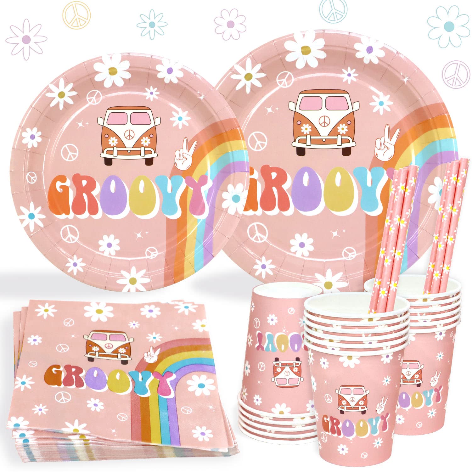 Groovy Birthday Party Decorations Plates Set for 25 Guests, 125Pcs Pastel Daisy Hippie Paper Plates Napkins Cups Straws Tableware for Girl Two Groovy One Groovy Party Supplies