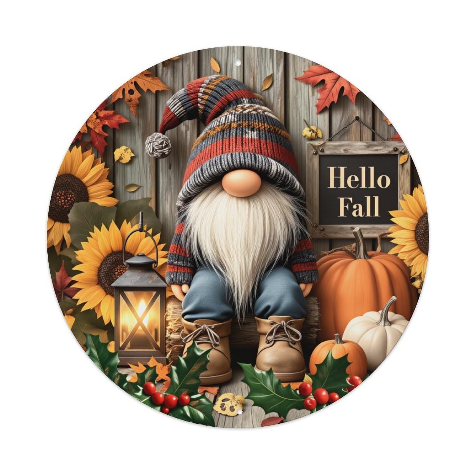 Autumn Gnome Sunflower Pumpkin Leaves Round Tin Sign Vintage Metal Poster, Home Bar Garage Man Cave Cafe Indoor & Outdoor Wall Decoration 8x8Inches