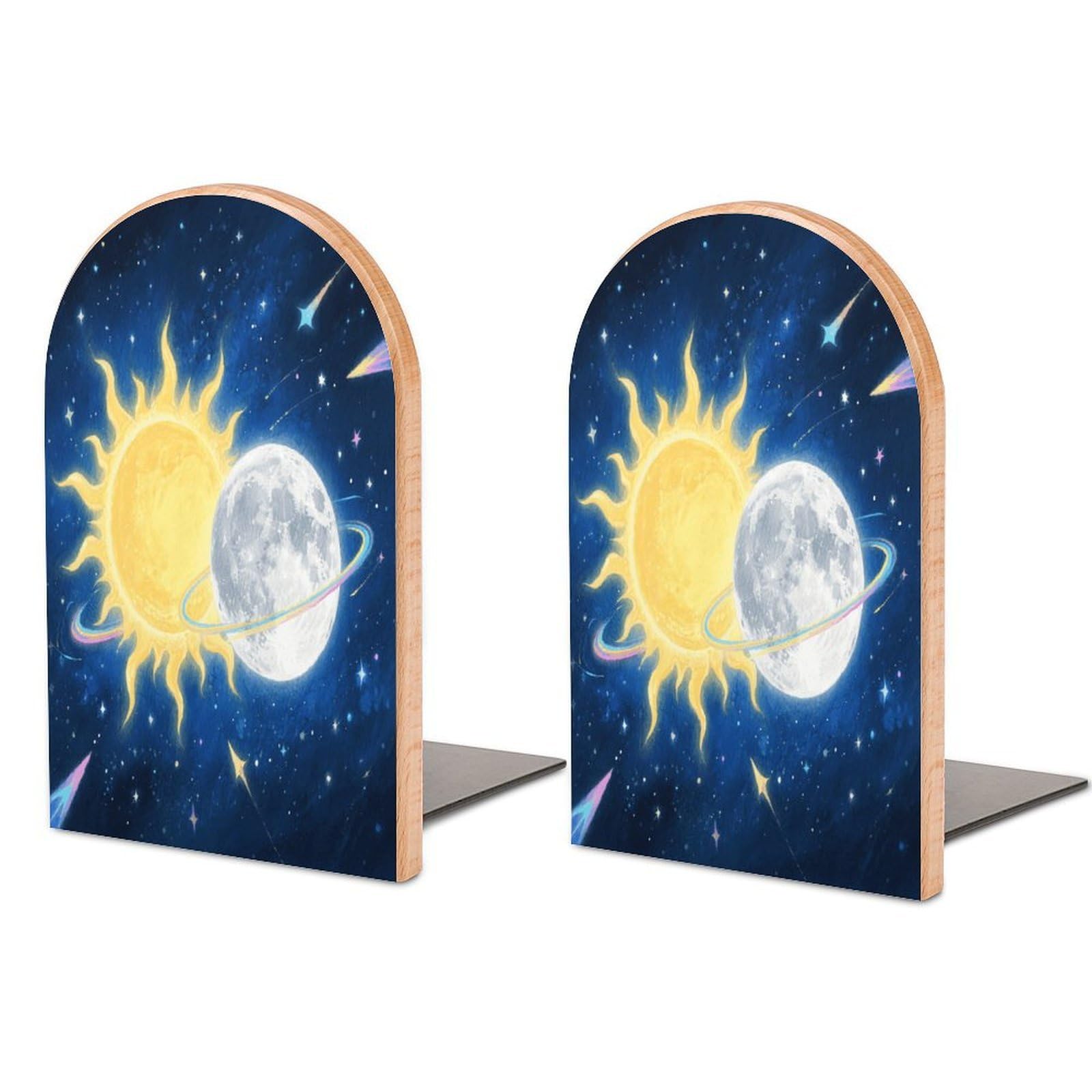 Sujetalibros de madera Moon Sun con base de metal antideslizante para estantes, 1 par