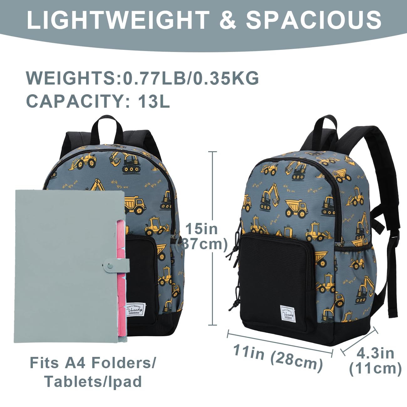 VASCHY Toddler Kids Backpacks, Cute Lightweight Water Resistant Preschool Backpack for Little Boys with Chest Strap Excavator