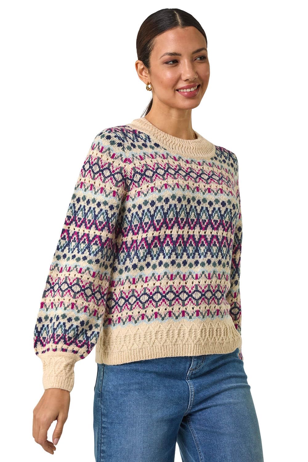 Roman Women's Teal Delicate Scallop Fairisle Jumper Size 14