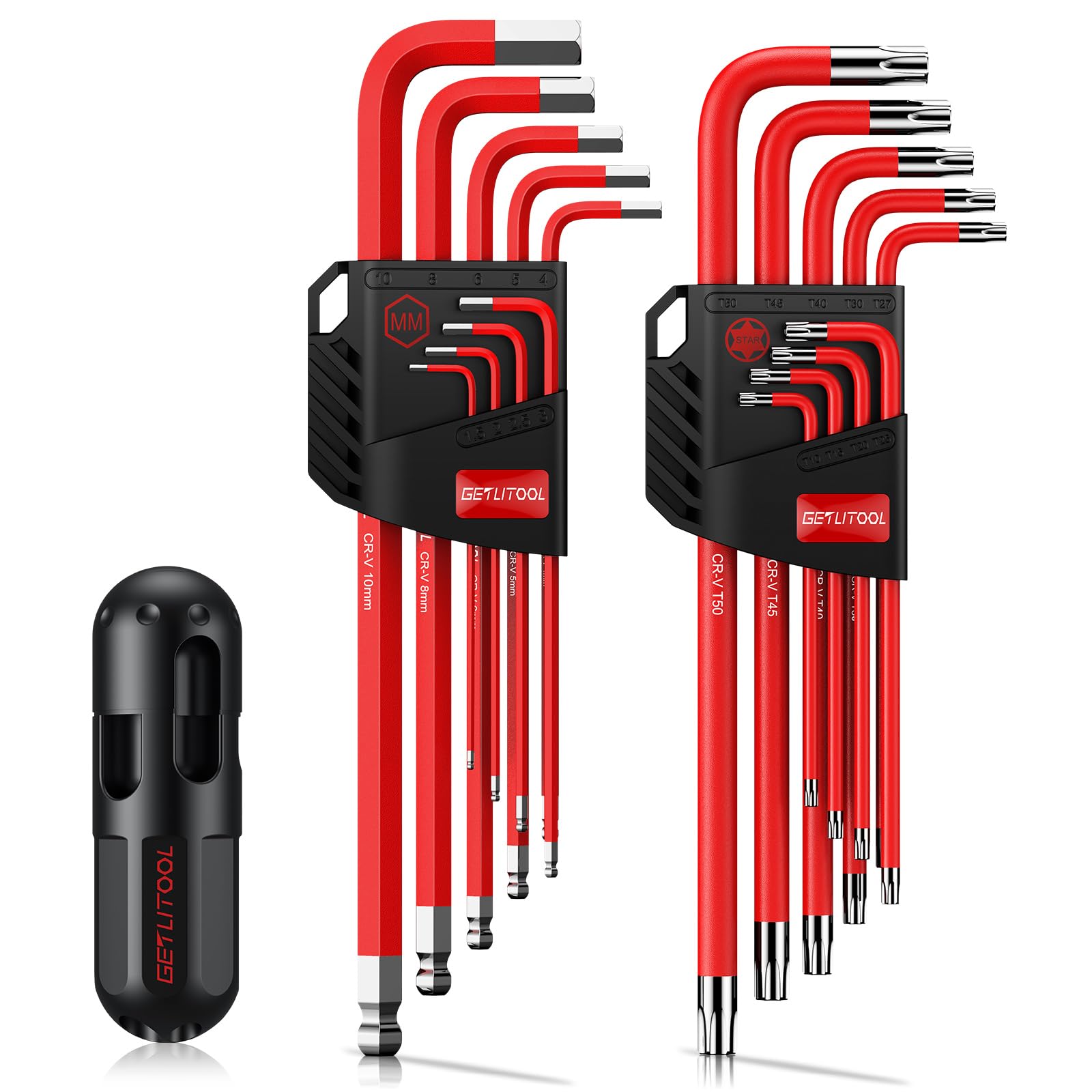 GETLITOOL Juego de 18 piezas de llaves Allen en T largas T10-T50 con mango de torque, llaves hexagonales combinadas incluye 9 piezas de llaves Torx y 9 piezas de llaves métricas para reparación de