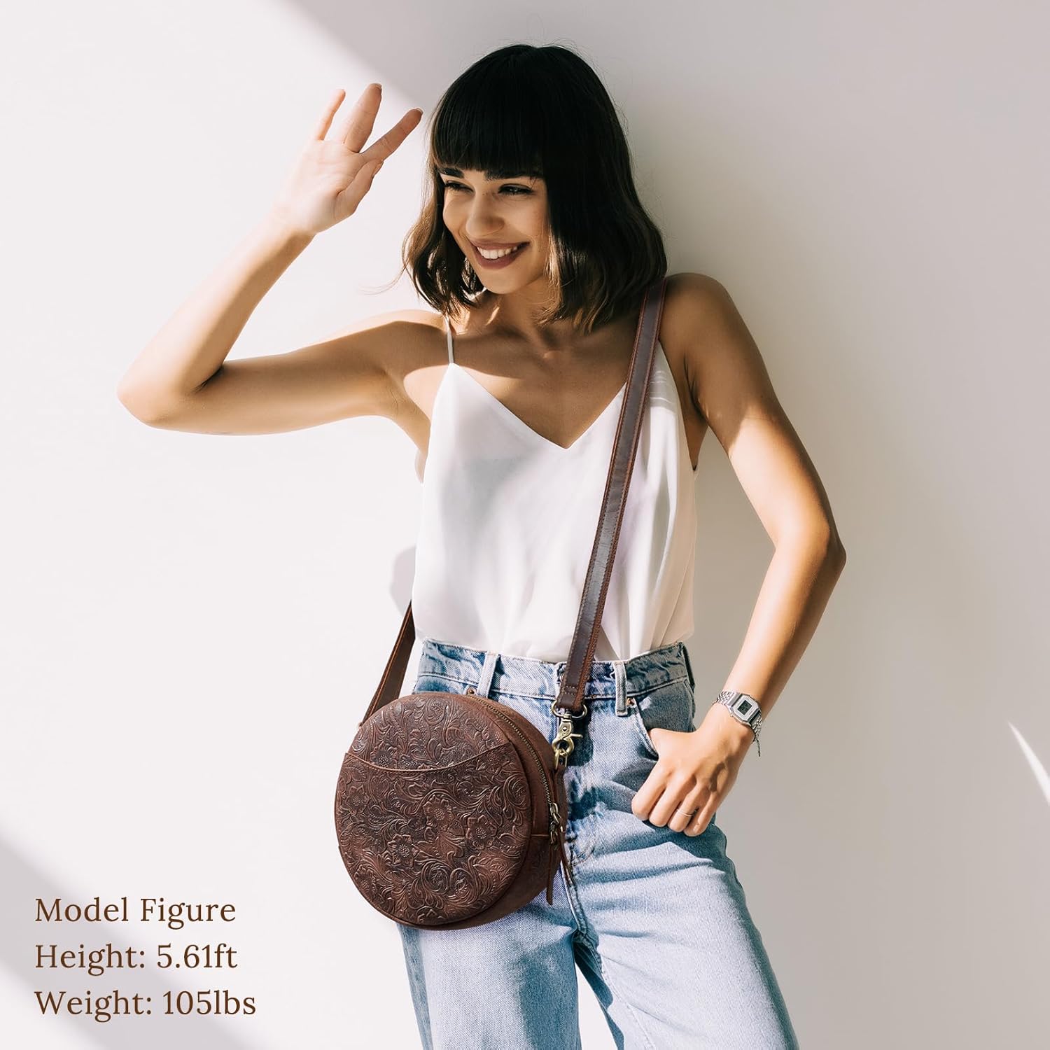 S-ZONE Leather Crossbody Bags for Women Trendy Circle Cross Body Shoulder Bag Designer Round Purses Rose Pattern Dark Brown image 2 of 7 B0CYZVH97T