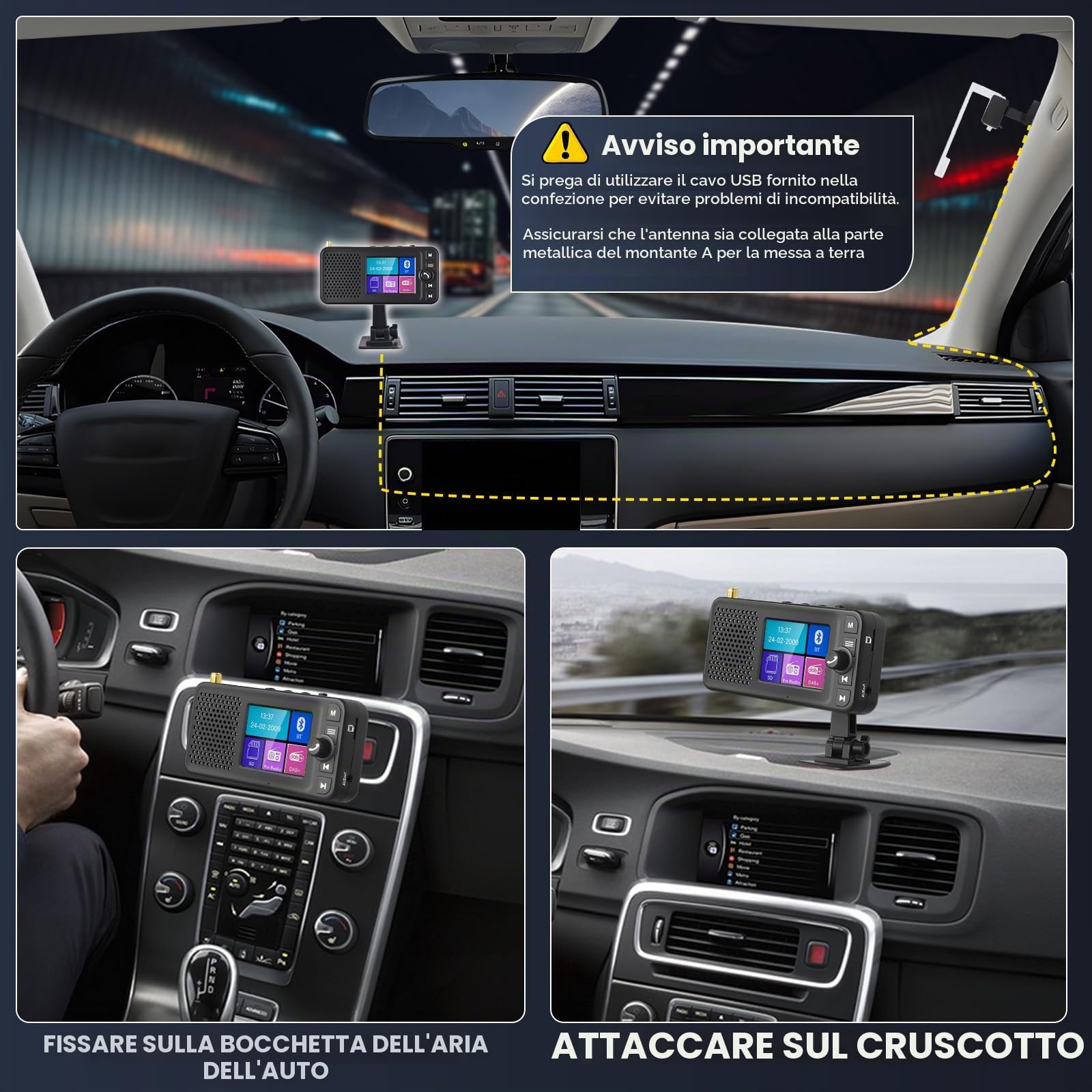 Hikity Adattatore DAB+ per Autoradio Bluetooth 2,4" LCD | Trasmettitore DAB/FM, Ingresso/Uscita Ausiliaria, Caricabatteria per Auto