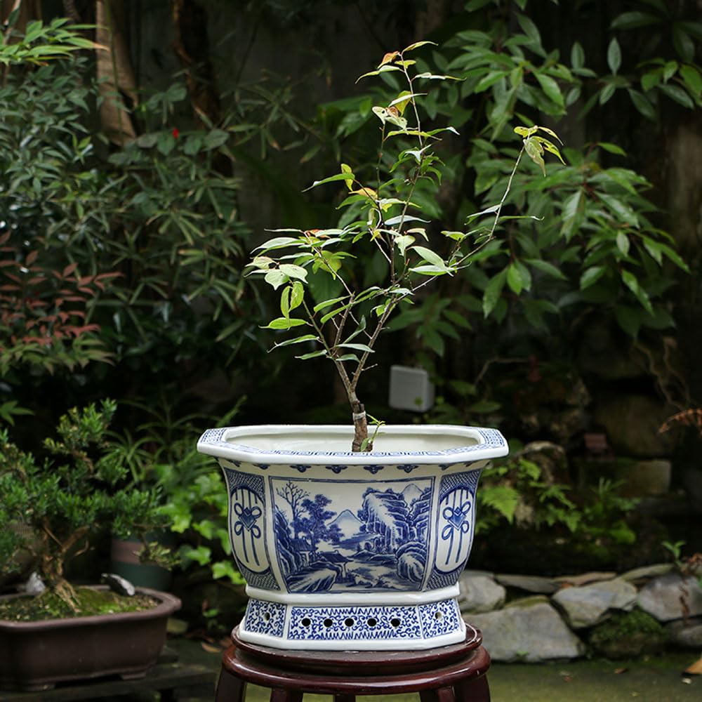 SWENEEN Chinoiserie Ceramic Planter Blue And White Porcelain Decorative Flower Pot For Indoor Plants Flower Container With Drainage Hole For Bonsai Plants Flower Aloe Indoor Home,30 * 18cm