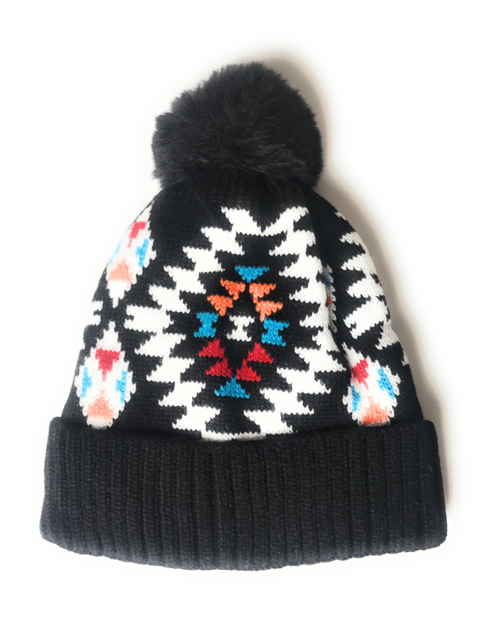 Kgm Accessories Black Native American Pattern Super Soft Fleece Lined Faux Fur Pom Beanie Hat (Black)