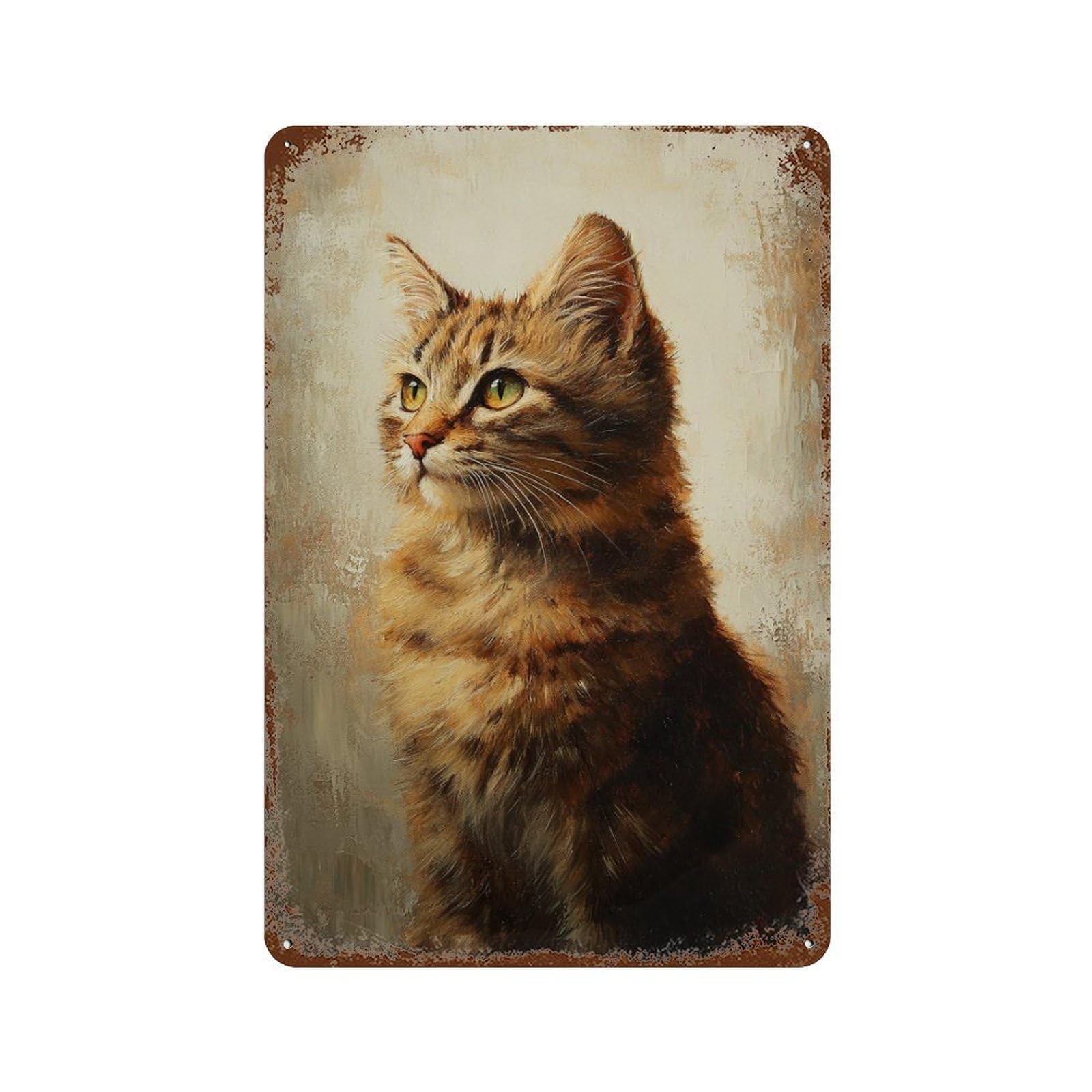 Tabby Cat Portrait Painting -1 Aged Metal Wall Plaque 11.8"x7.9", Classic Wall Plaque for Garage, Pub Or Kitchen