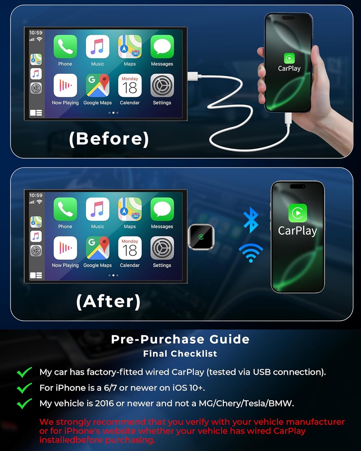 Wireless CarPlay Adapter for Apple iPhone - Upgrade Wired CarPlay to Wireless Device, Mini T-Shaped for Car USB Plug and Play Auto Reconnect, for Vehicle GPS Navigation Car Stereo Receivers, Black - Image 7