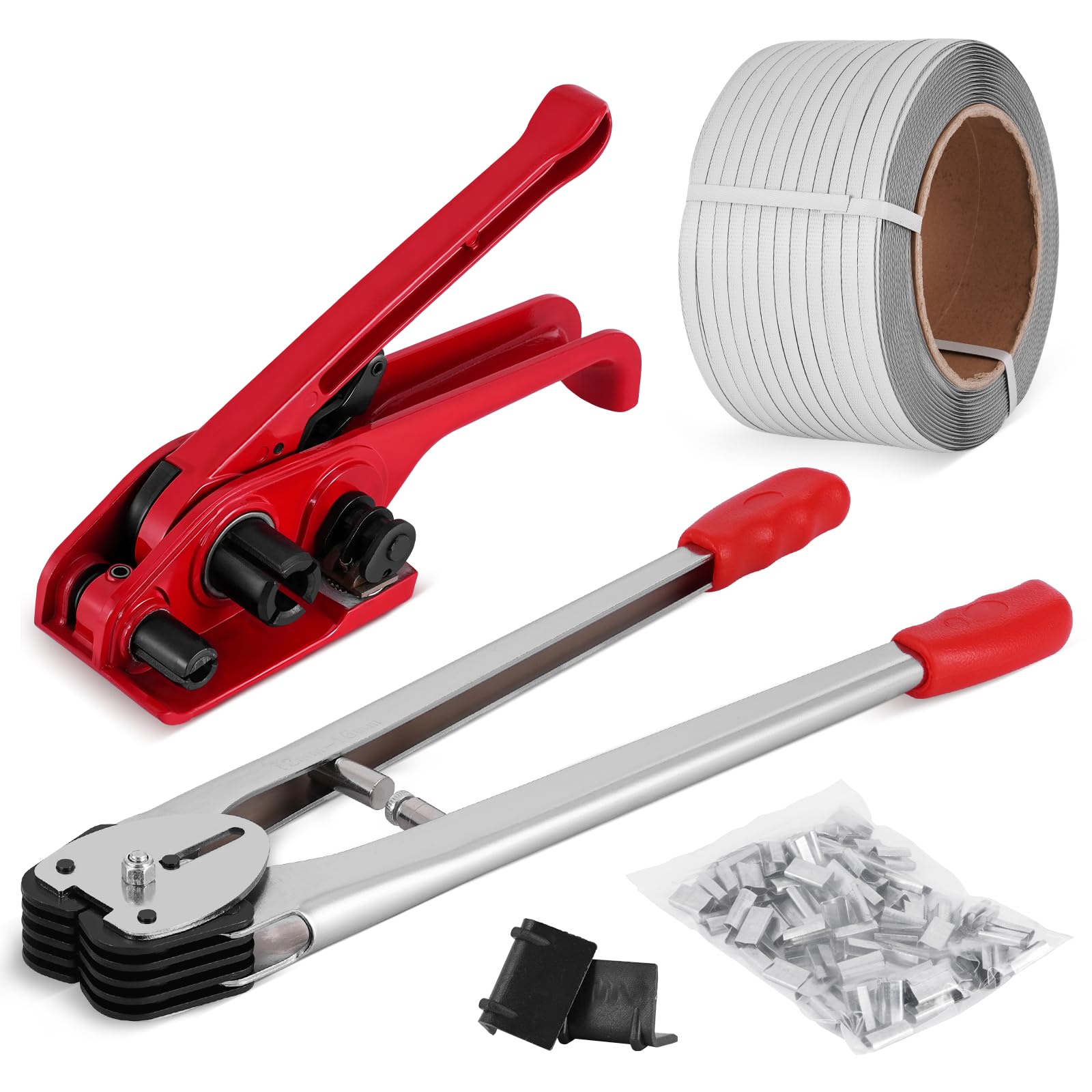 BAOSHISHAN Kit de flejado PET/PP 12-16 mm Herramientas de flejado para palés de alta resistencia Herramienta de flejado manual (500 m de fleje PP, 100 hebillas, 20 esquinas de embalaje)