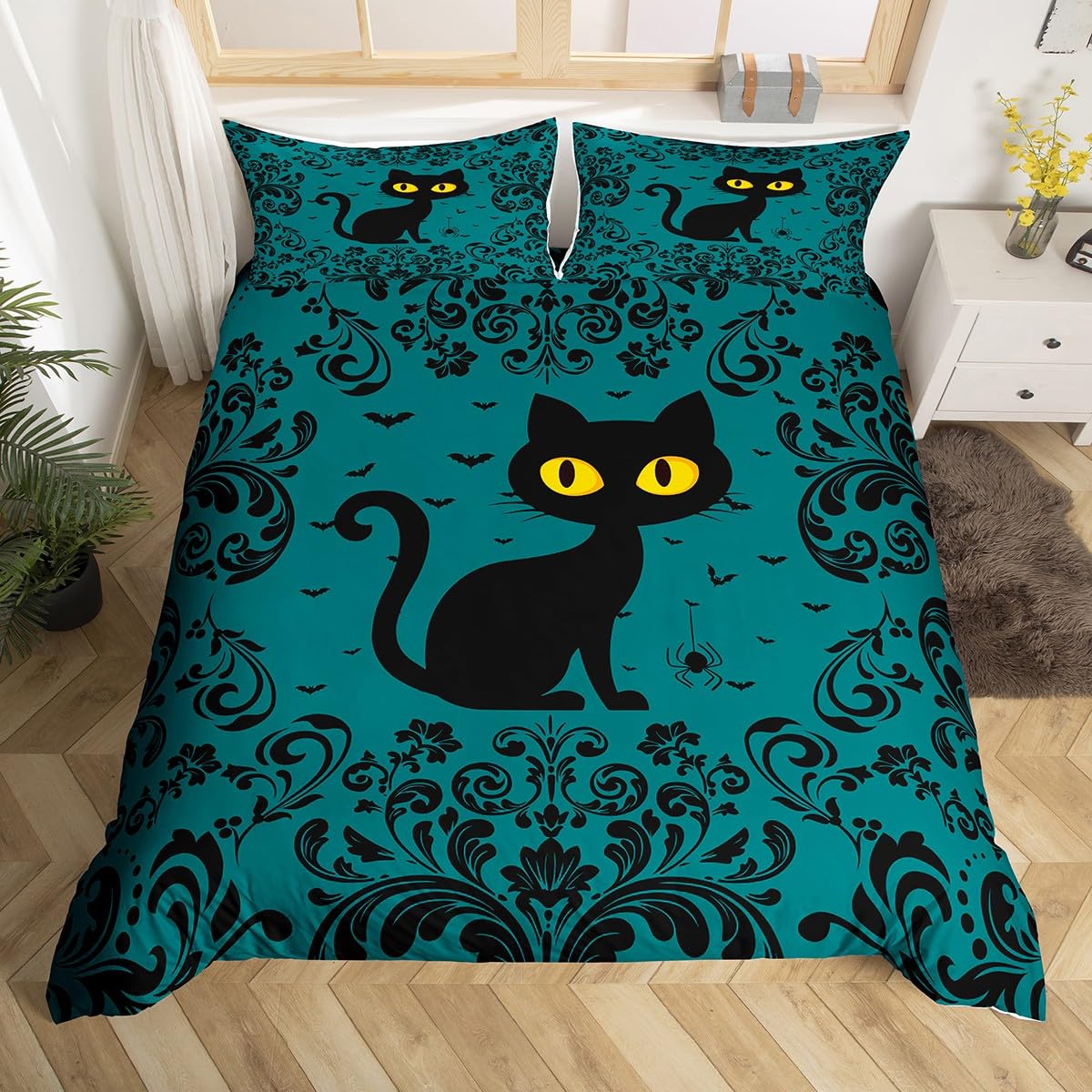Teal Black Halloween Double Bedding Sets Goth Damask Cat Comforter Cover Halloween Gothic Duvet Cover for Kids Adults Goth Floral Spider Bats Bed Set Lightweight 2 Pillow Cases