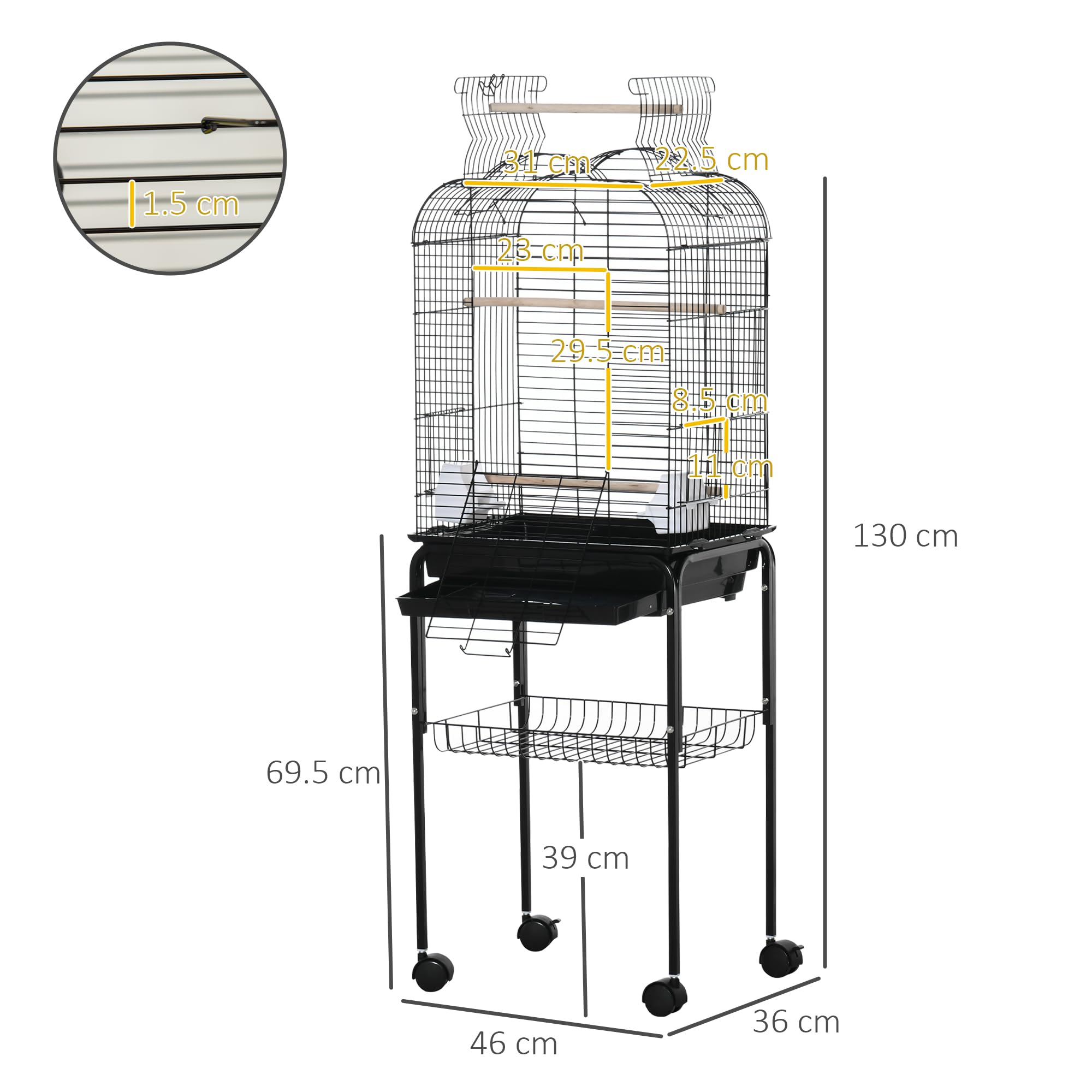 PawHut Gabbia per Uccelli con 3 Posatoi, 2 Ciotole e 2 Porte Laterali, Gabbia per Animali in Acciaio, PP e Legno, 46x36x130 cm, Nera