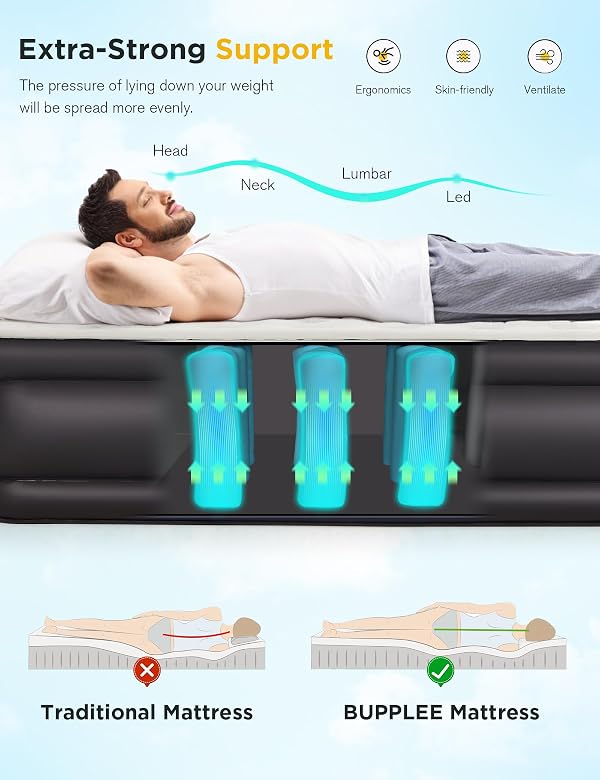 Full Size Air Mattress with Built-in Pump 18" Raised - 2-Min Set Up, No Odd Smell, 600 lb Support, Foldable Air Bed with Storage Bag, Perfect for Camping, Guests & Home Use by BUPPLEE - Used condition - Image 2