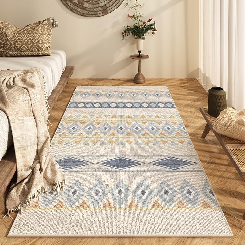 Tapis boho lavable antidérapant en velours cristal bleu à carreaux
