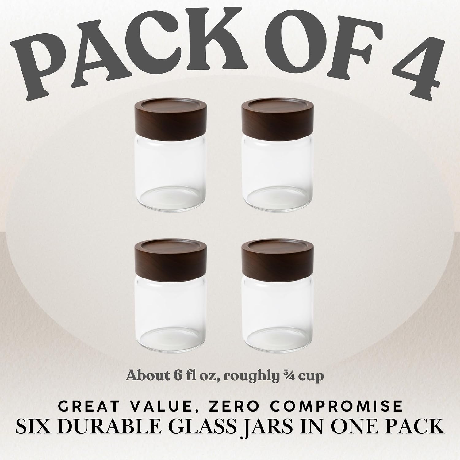 Wide Mouth Glass Storage Jars With 2.5" Acacia Wood Lids - 4 Pack of 6 Oz Food Storage Containers - Borosilicate Glass Canisters Sets For Kitchen - Pantry Organizers and Storage for Rice Coffee Beans
